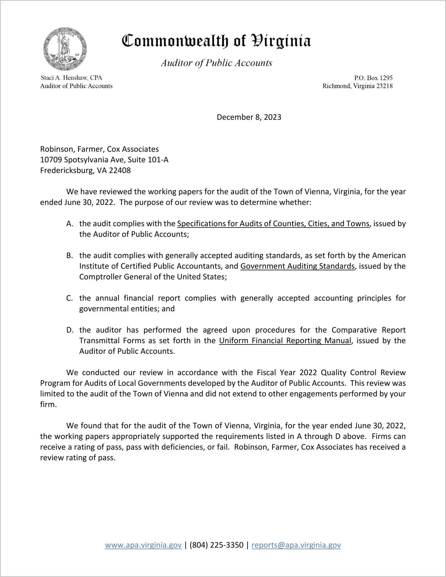 2022 Quality Control Review for Town of Vienna