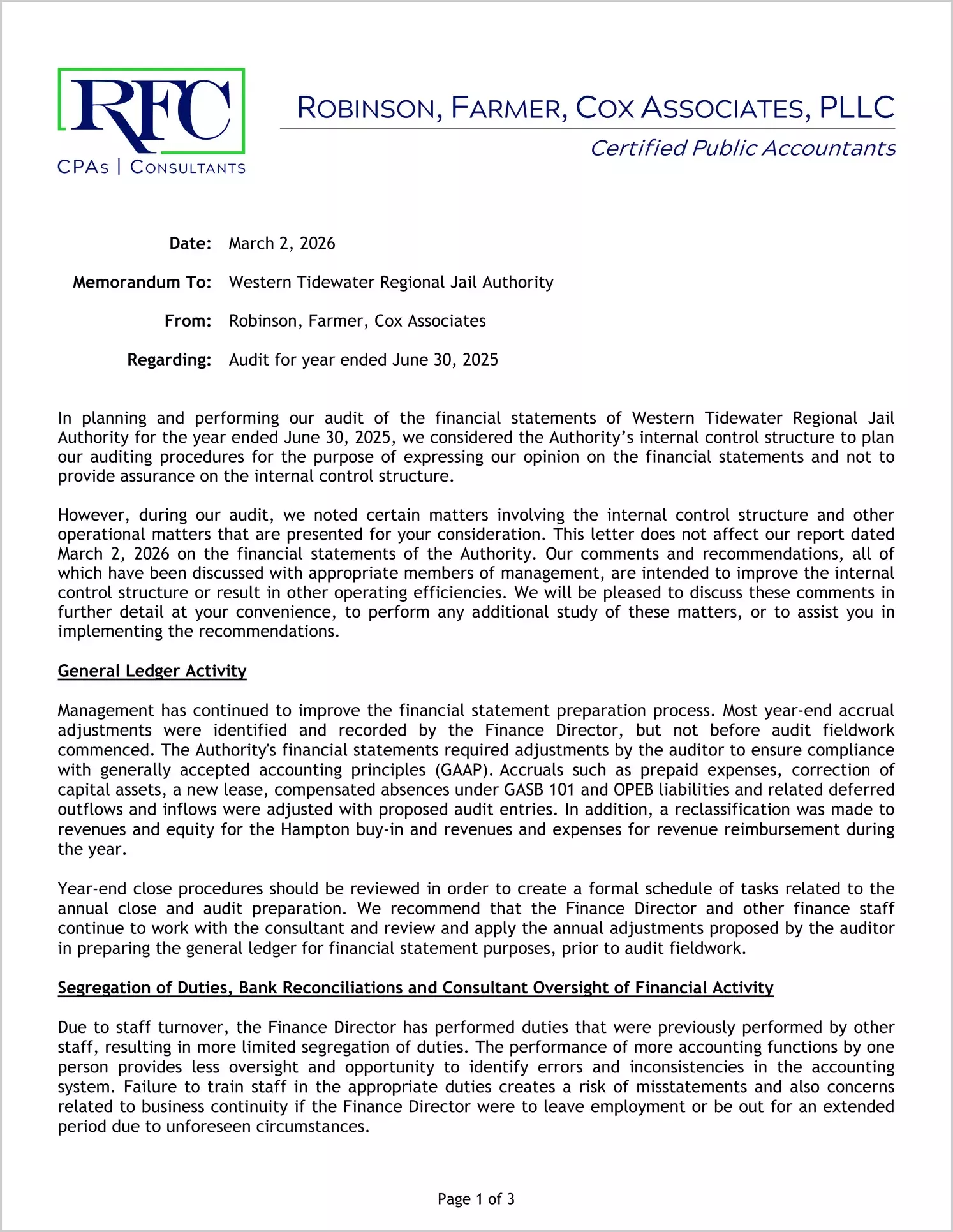 preview of 2025 ABC/Other Management Letter for Western Tidewater Regional Jail Authority