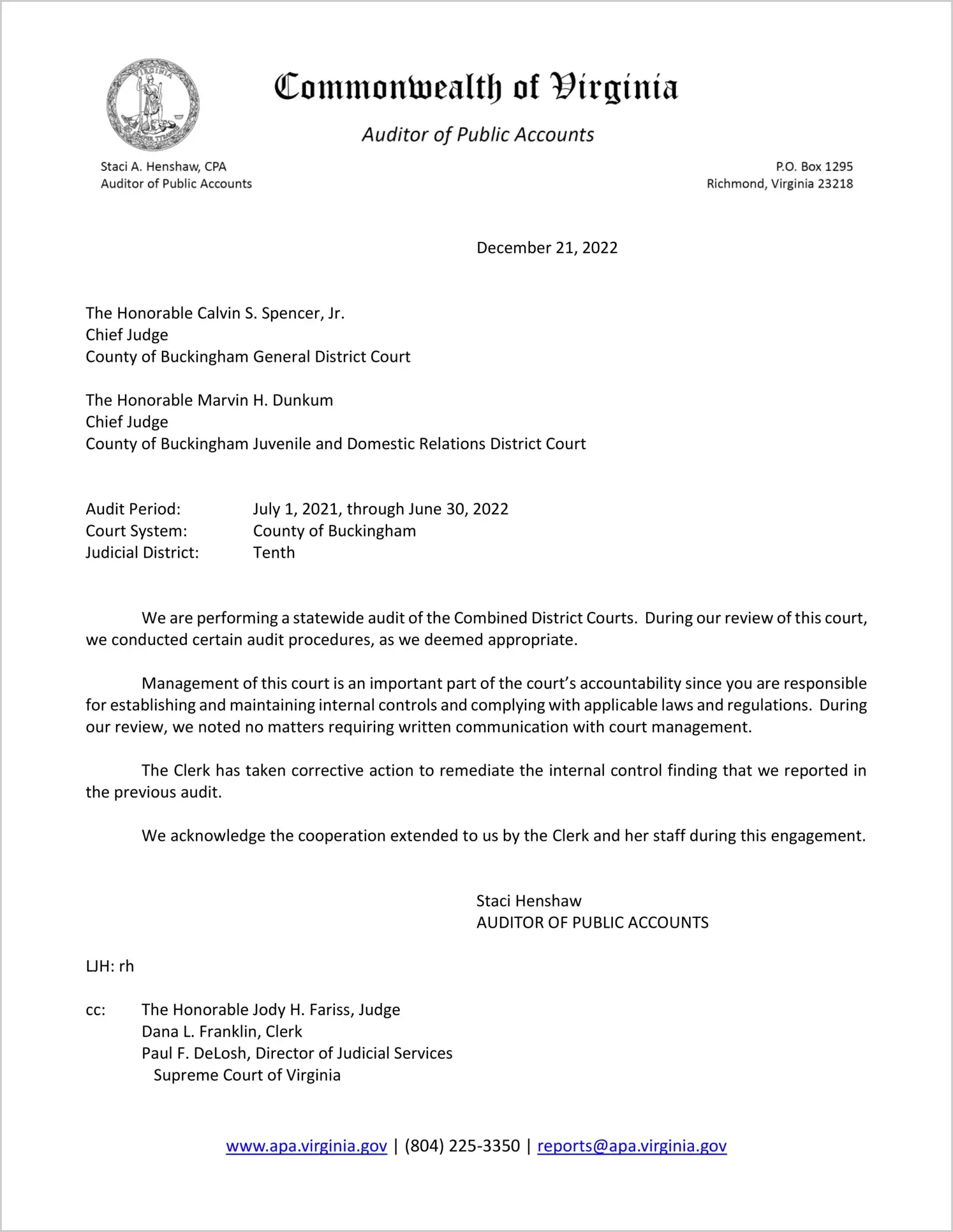 Combined District Court for the County of Buckingham for the period July 1, 2021 through June 30, 2022