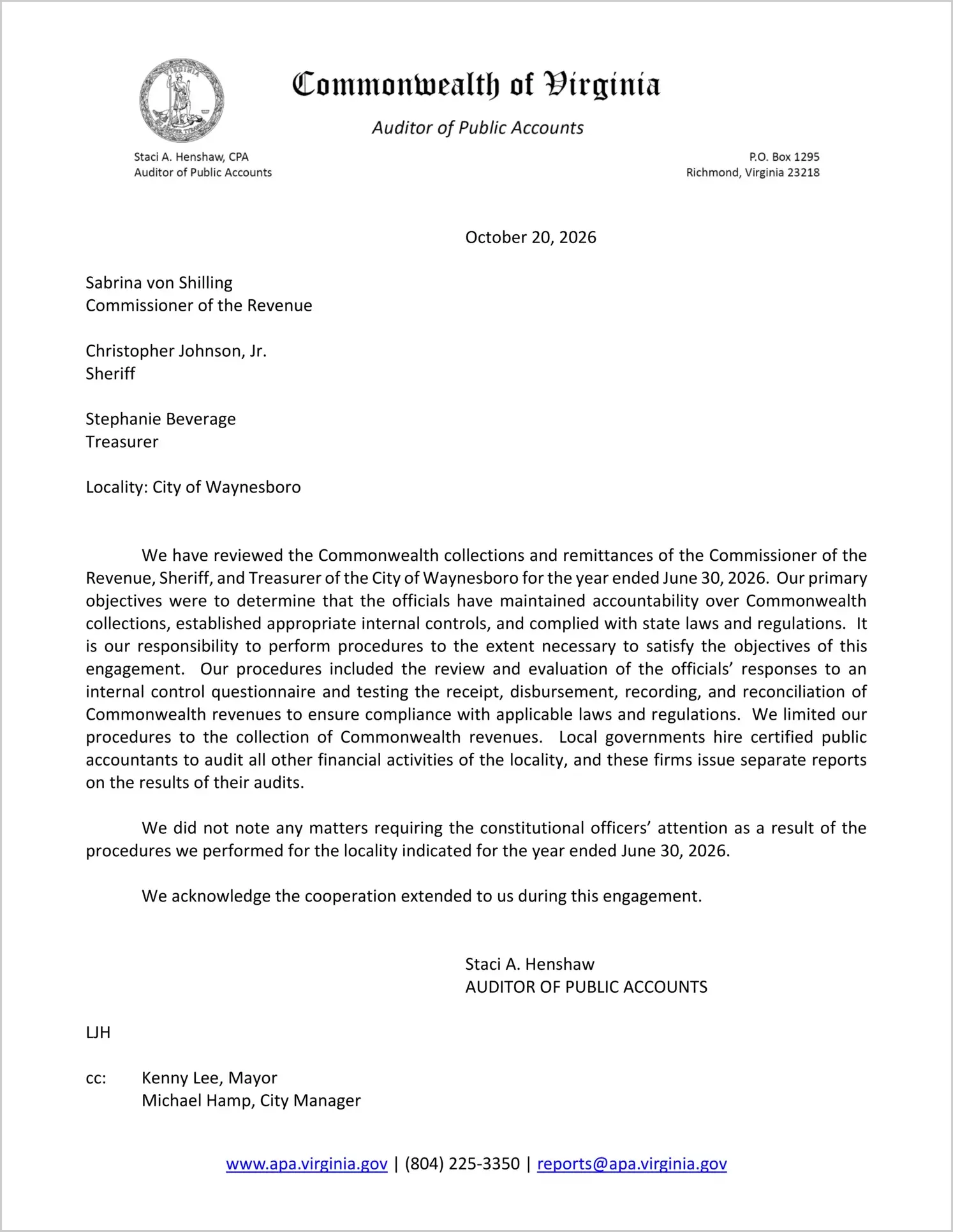 preview of Commonwealth Collections and Remittances of the Commissioner of the Revenue, Sheriff, and Treasurer for the City of Waynesboro for the year ended June 30, 2026