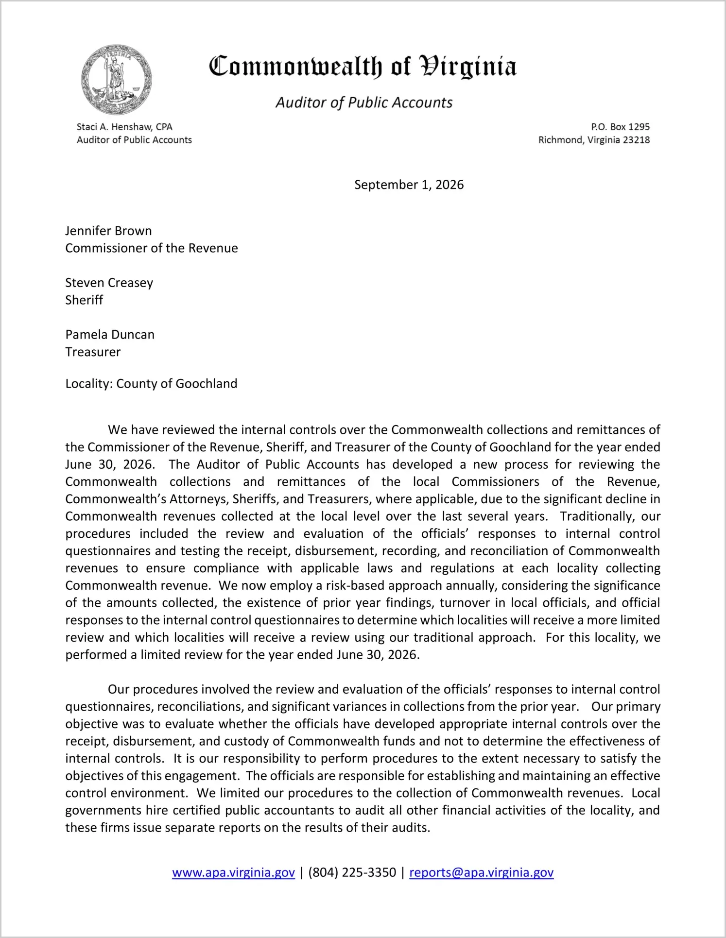 preview of Commonwealth Collections and Remittances of the Commissioner of the Revenue, Sheriff, and Treasurer for the County of Goochland for the year ended June 30, 2026