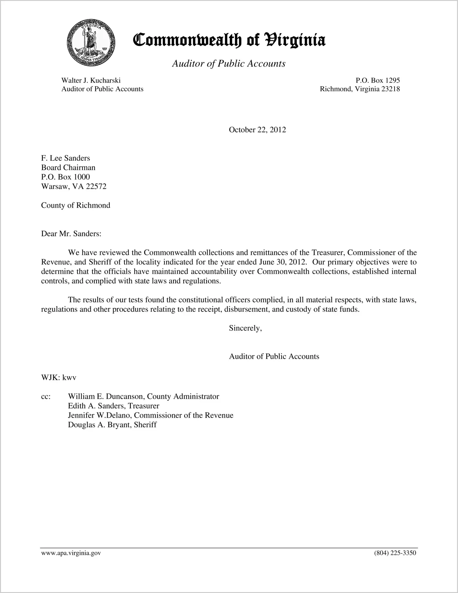 Commonwealth collections and remittances of the Treasurer, Commissioner of the Revenue, and Sheriff of the County of Richmond for the year ended June 30, 2012