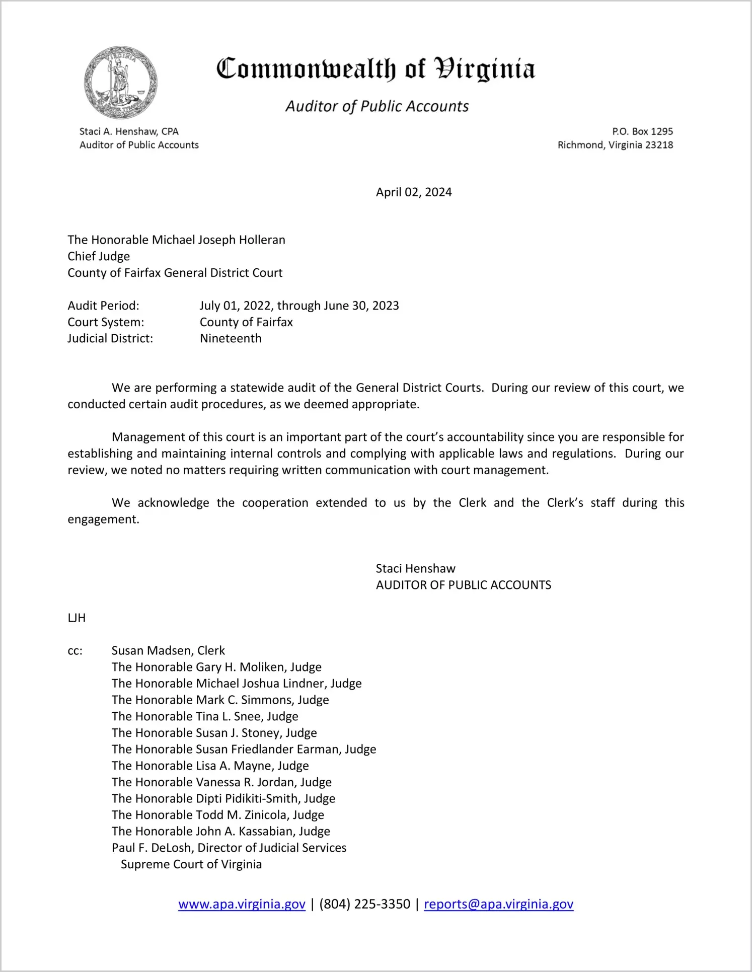 General District Court for the County of Fairfax for the period July 1, 2022 through June 30, 2023