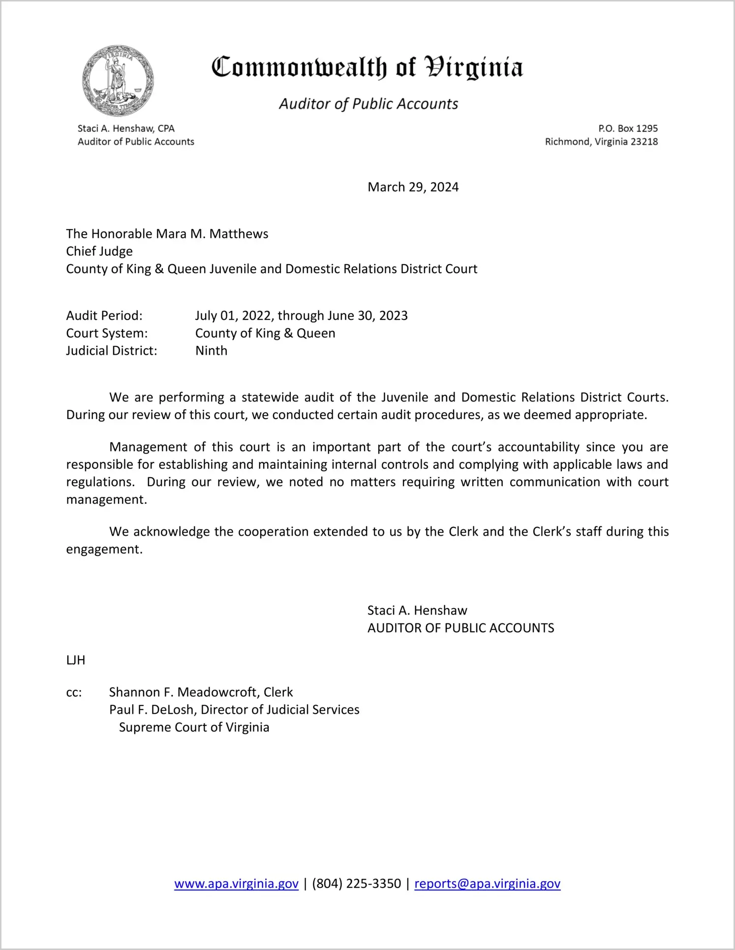 Juvenile and Domestic Relations District Court for the County of King and Queen for the period July 1, 2022 through June 30, 2023