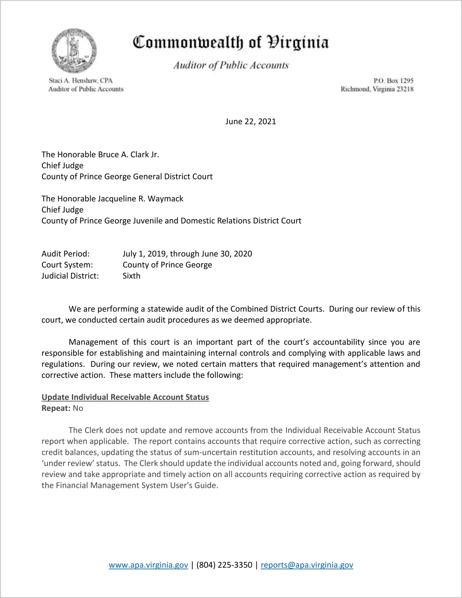 Combined District Court for the County of Prince George for the period July 1, 2019 through June 30, 2020