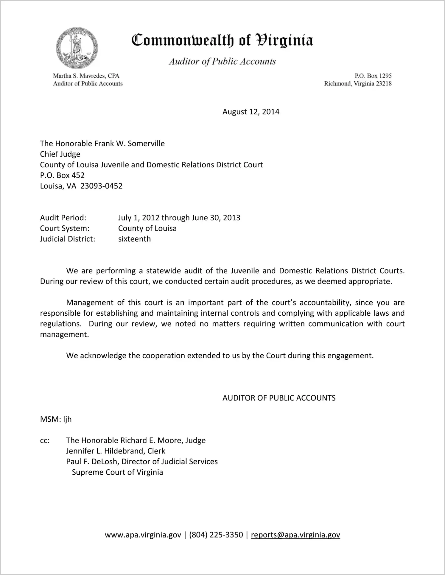 Clerk of the Juvenile and Domestic Relations Court for the County of Louisa Report on Audit for the period July 1, 2012 through June 30, 2013
