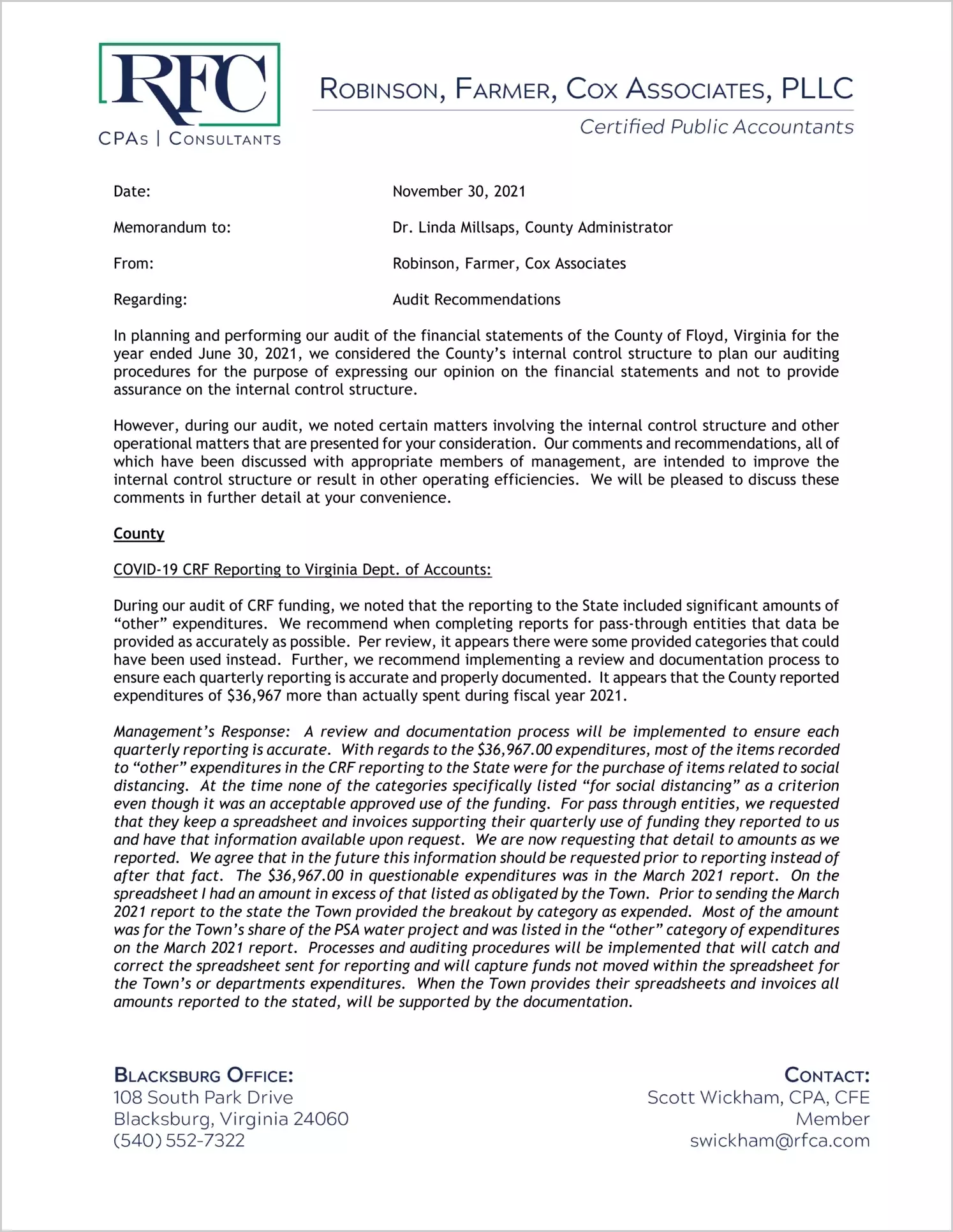 preview of 2021 Management Letter for County of Floyd