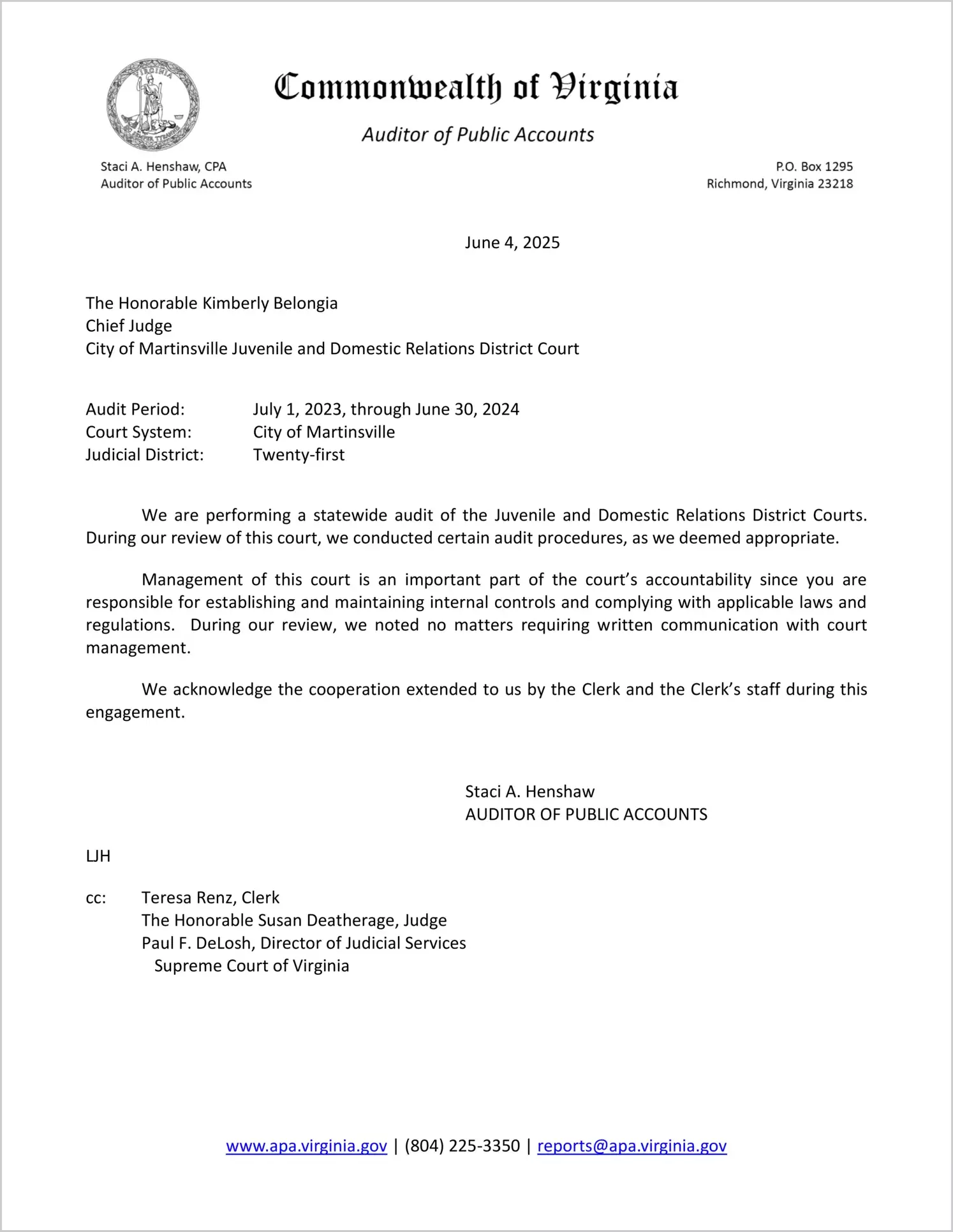 Juvenile and Domestic Relations District Court for the City of Martinsville for the period July 1, 2023 through June 30, 2024