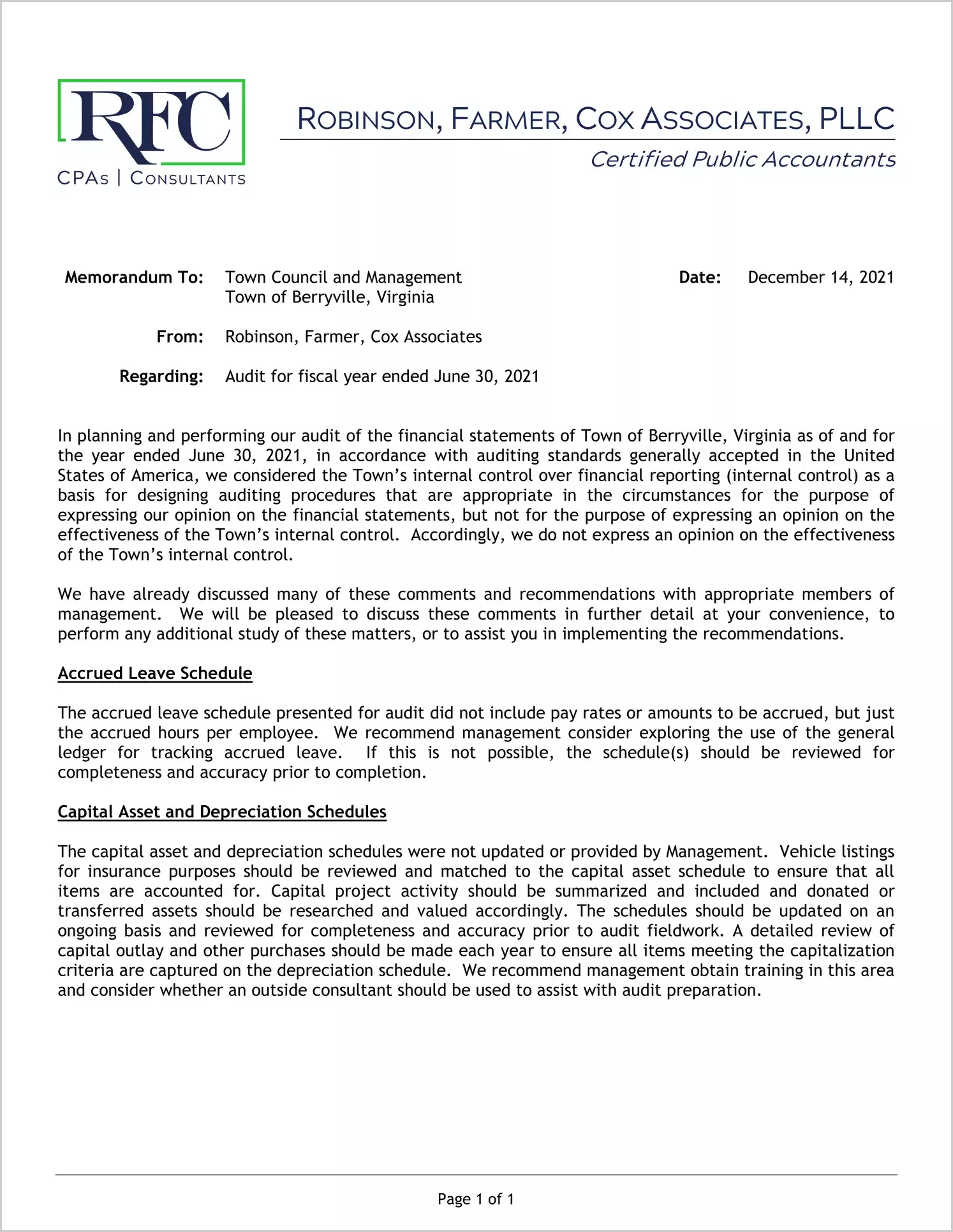 preview of 2021 Management Letter for Town of Berryville