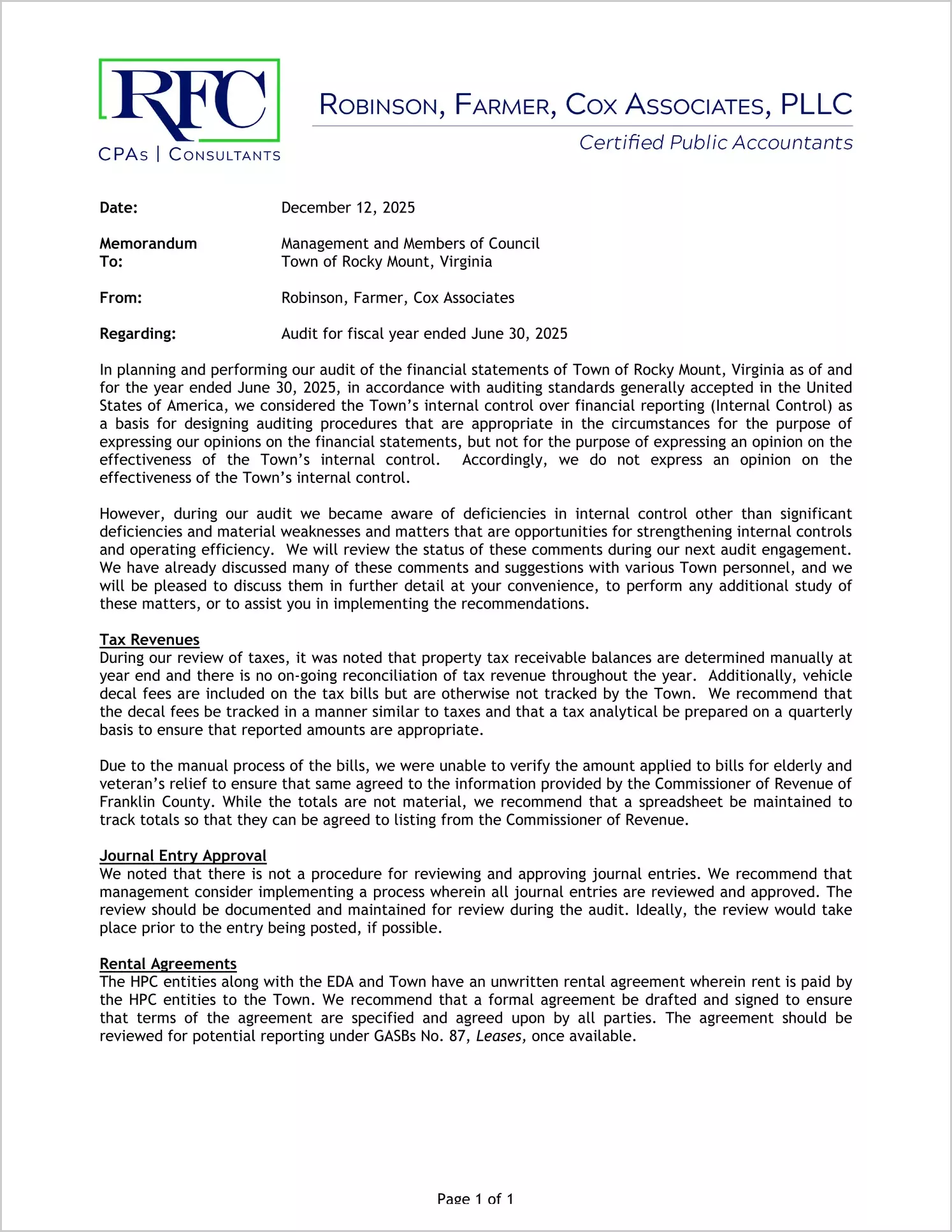 preview of 2025 Management Letter for Town of Rocky Mount