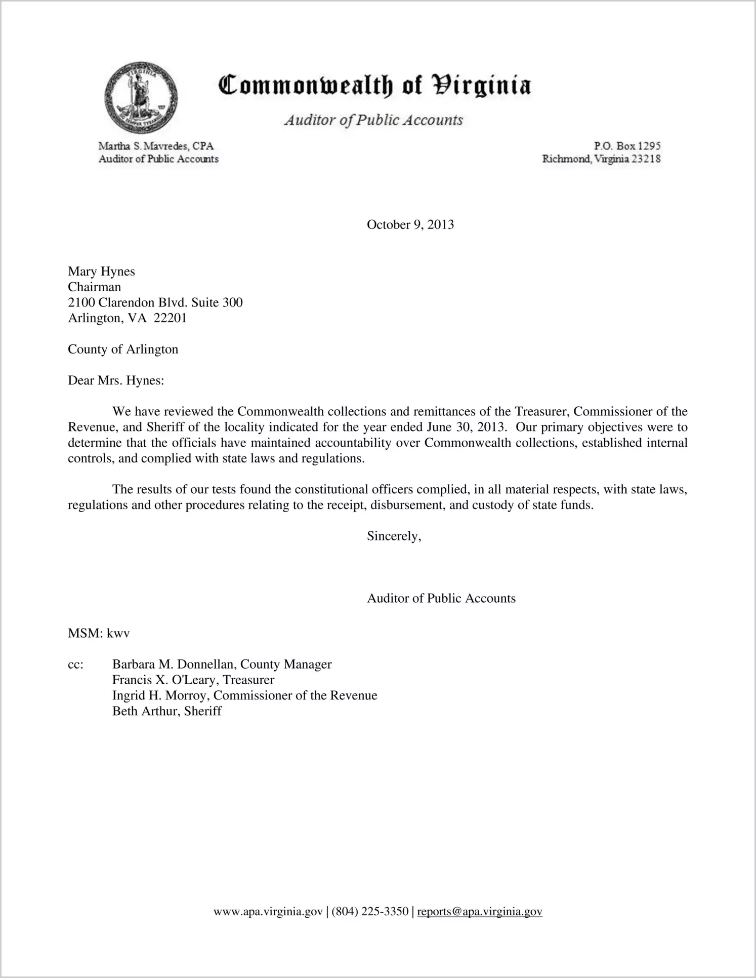 Commonwealth collections and remittances of the Treasurer, Commissioner of the Revenue, and Sheriff of the County of Arlington for the year ended June 30, 2013