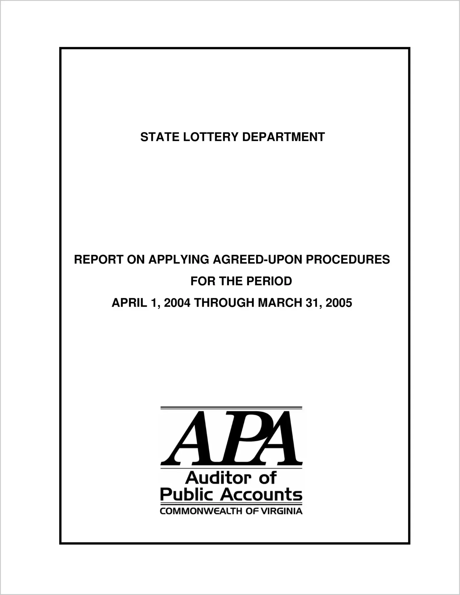 State Lottery Department Report on Applying Agreed-Upon Procedures (Lotto South)