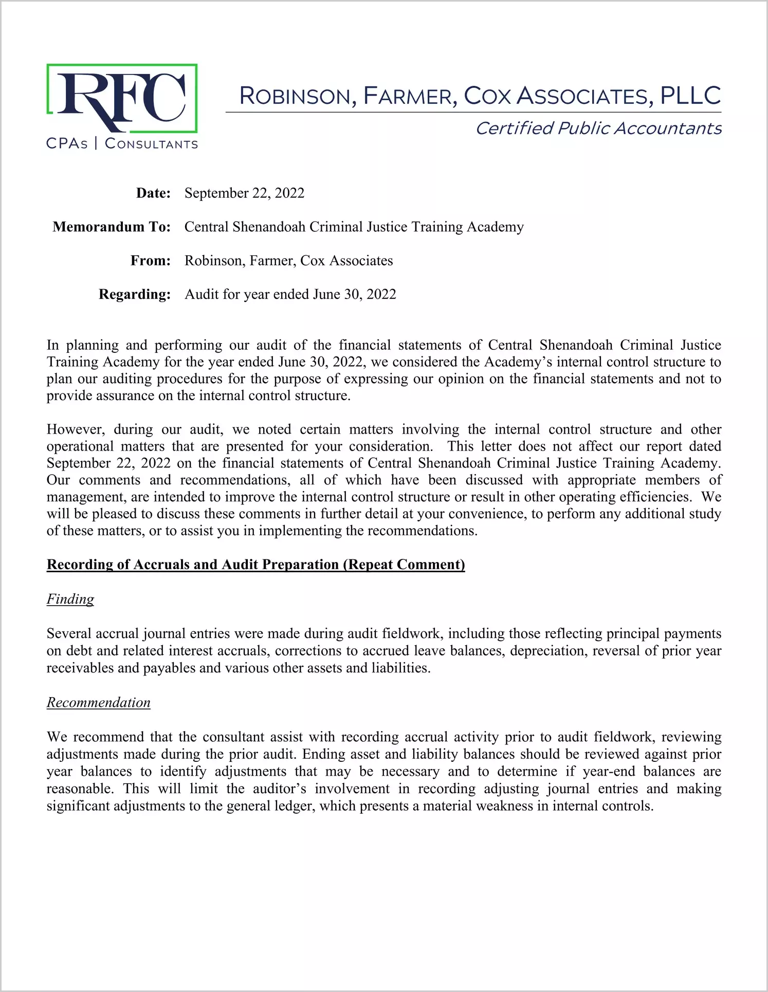 preview of 2022 ABC/Other Management Letter for Central Shenandoah Training Academy