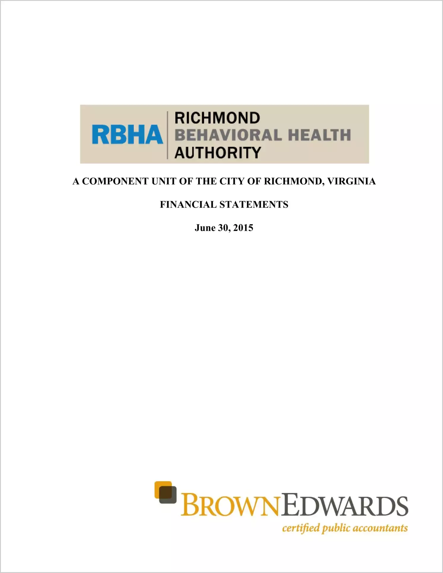 2015 ABC/Other Annual Financial Report  for Richmond Behavioral Health Authority