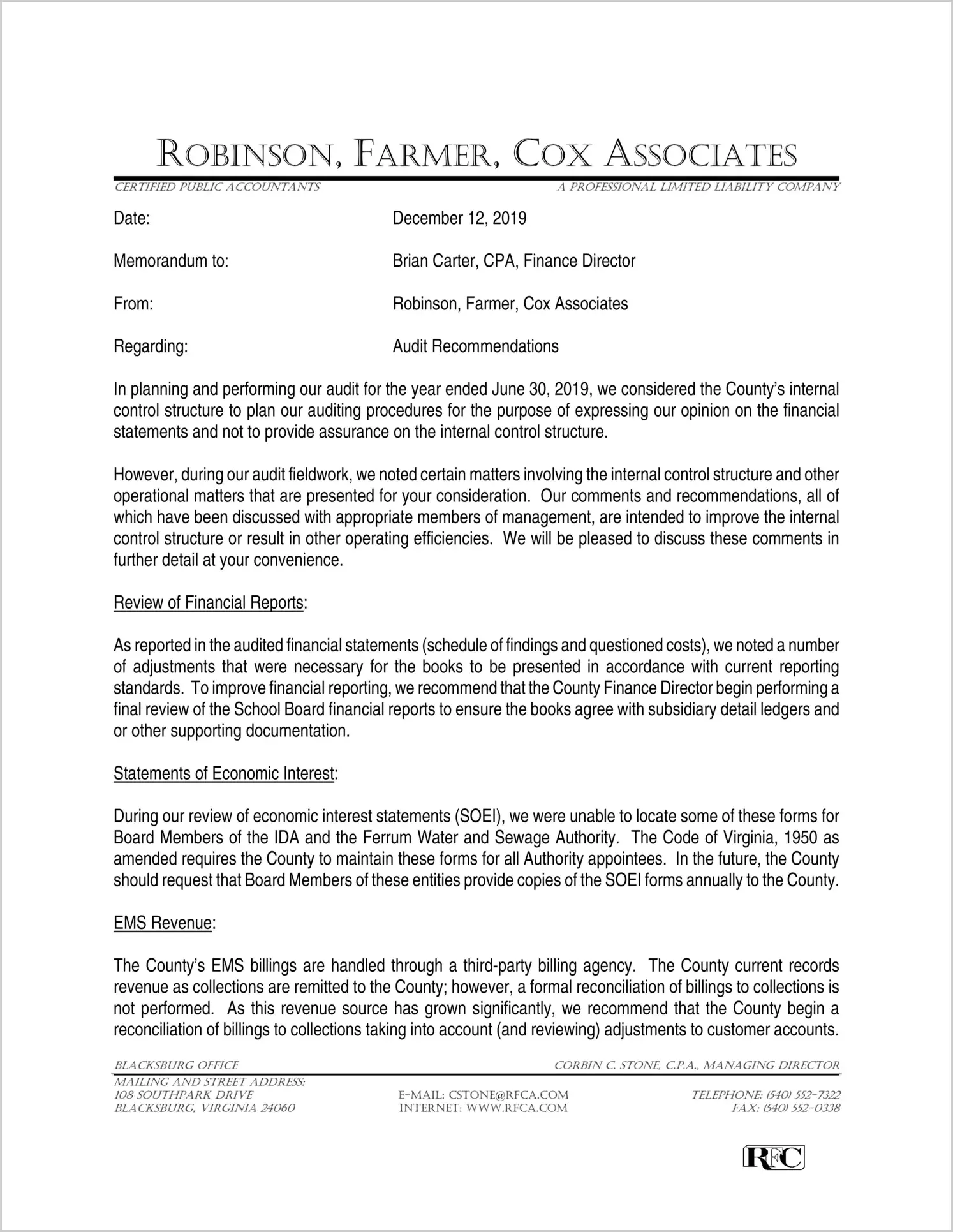 2019 Management Letter for County of Franklin 