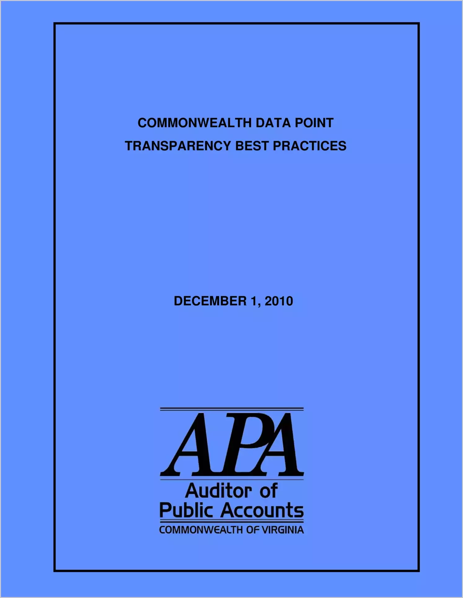 Commonwealth Data Point Transparency Best Practices as of December 1, 2010