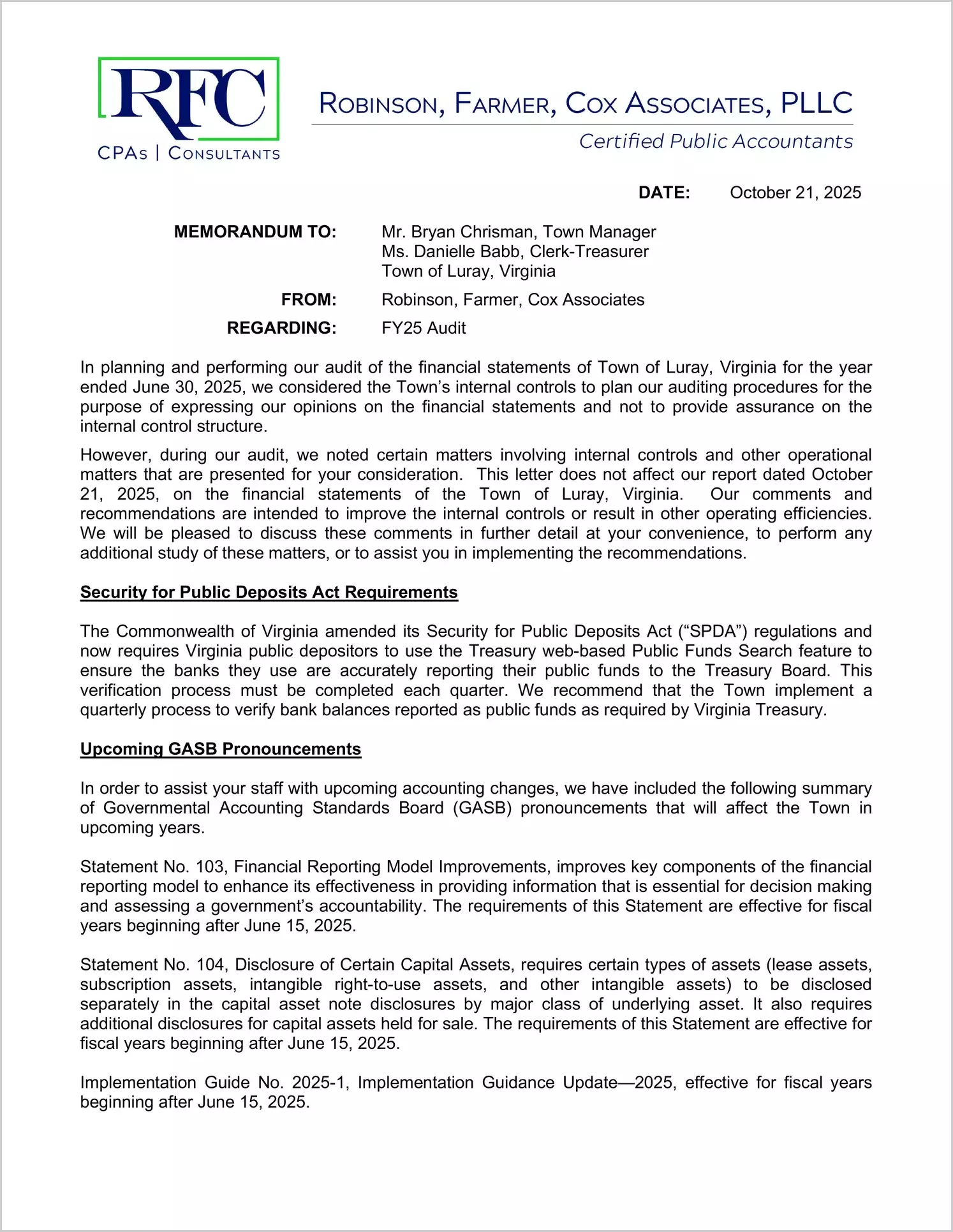 preview of 2025 Management Letter for Town of Luray