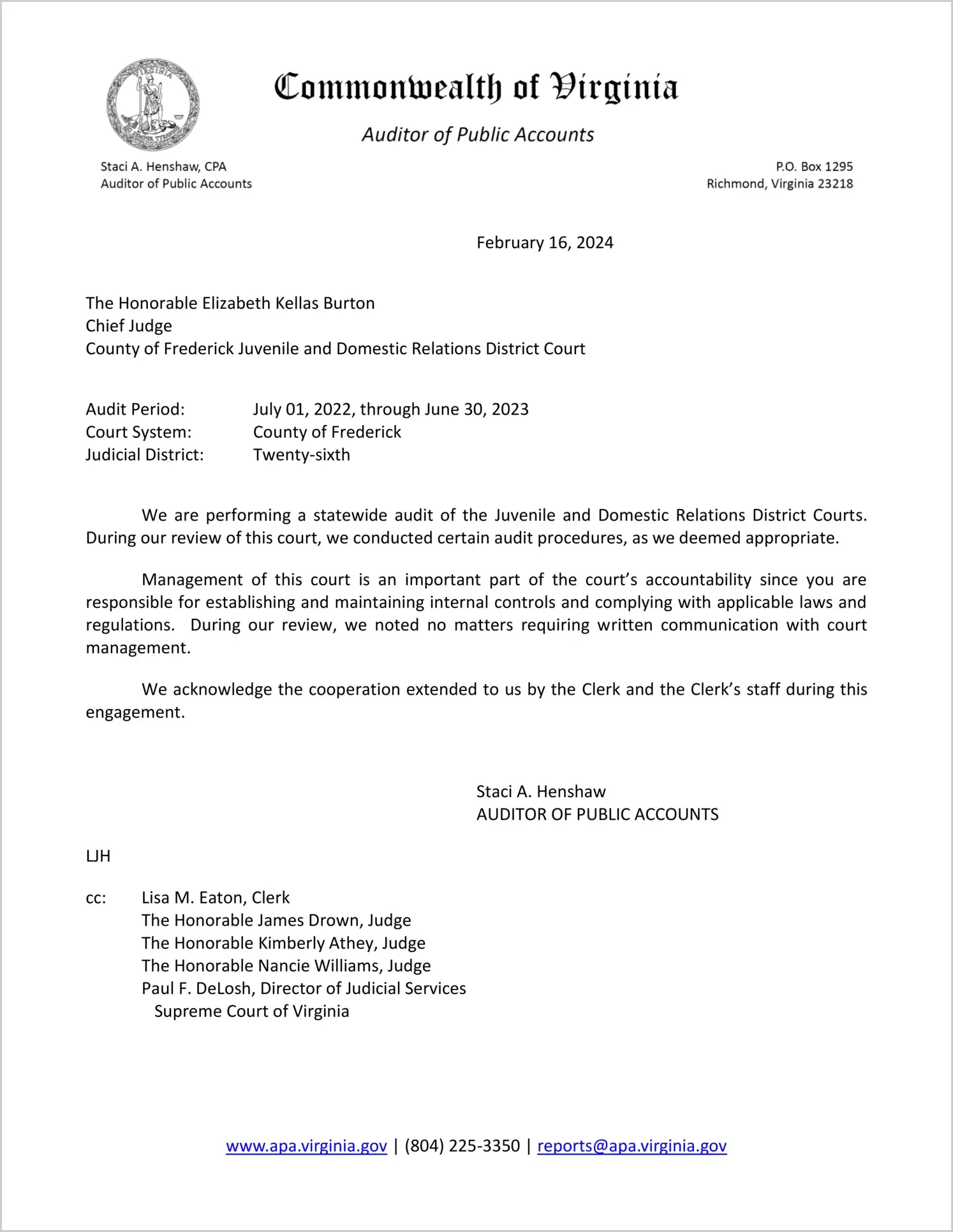 Juvenile and Domestic Relations Court for the County of Frederick for the period July 1, 2022 through June 30, 2023
