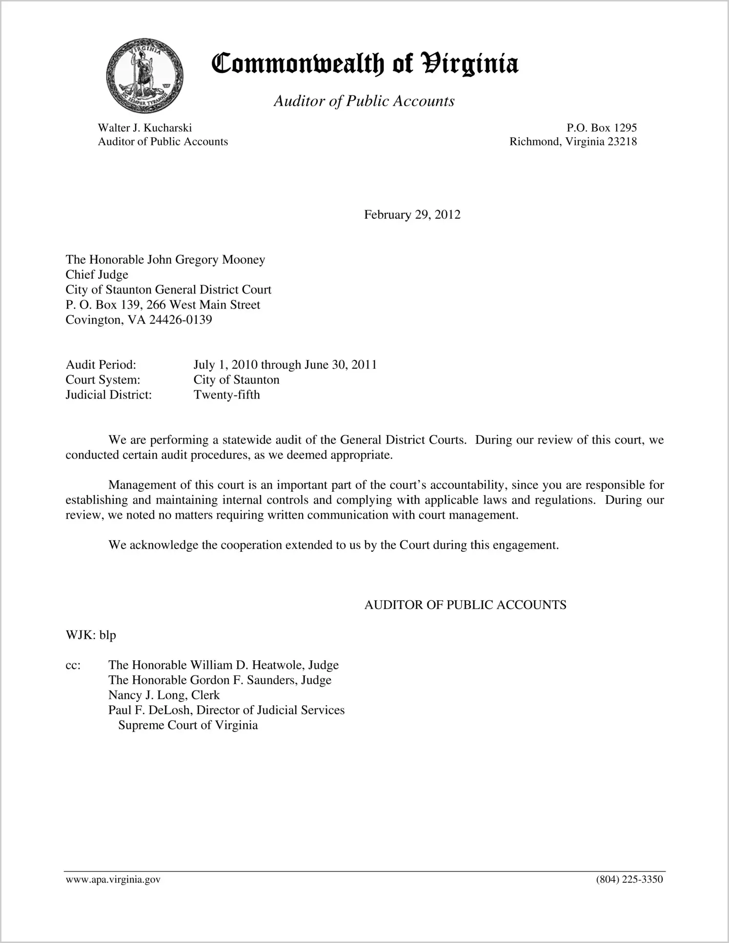 Clerk of the General District Court for the City of Staunton Report on Audit for the period July 1, 2010 through June 30, 2011