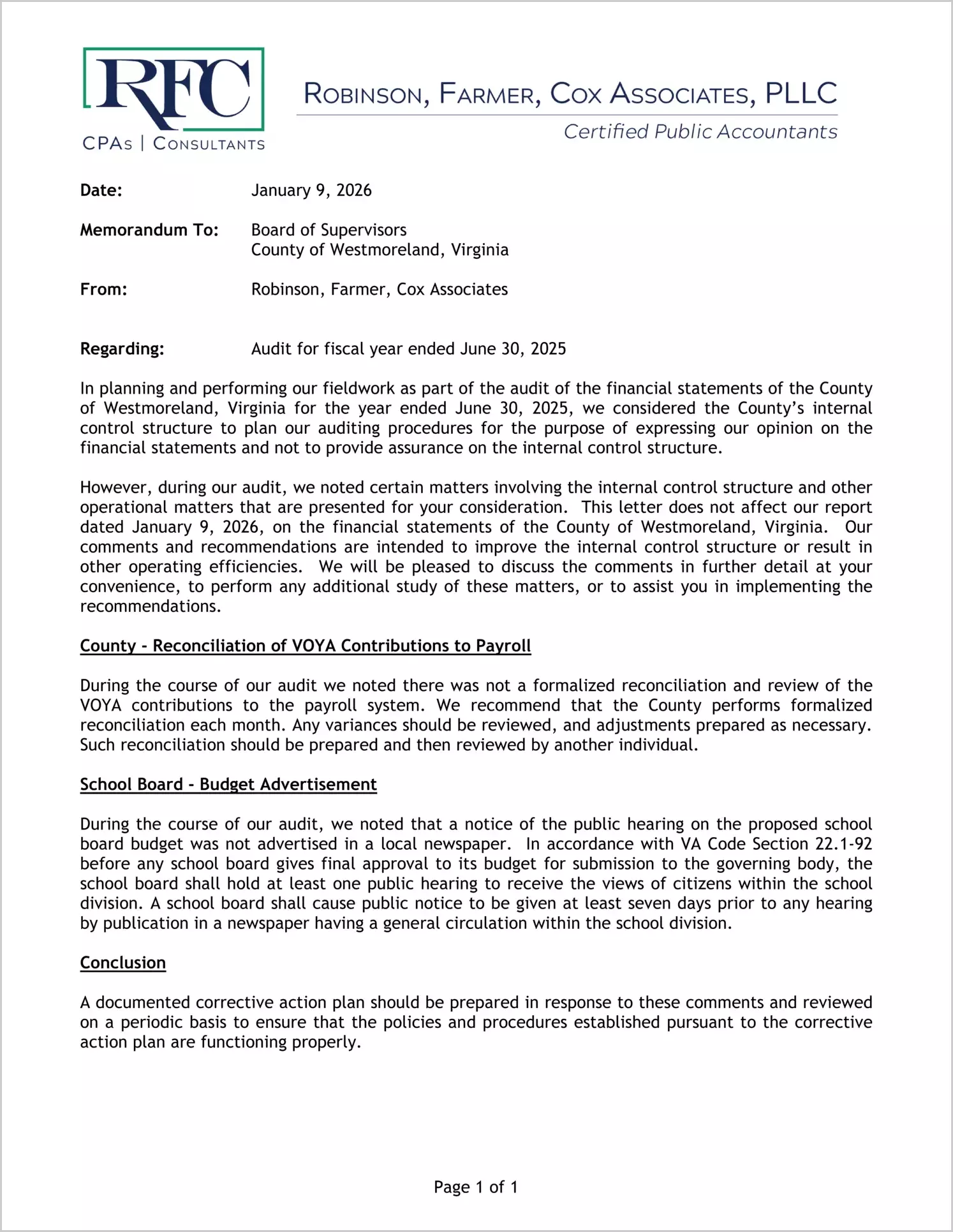 preview of 2025 Management Letter for County of Westmoreland