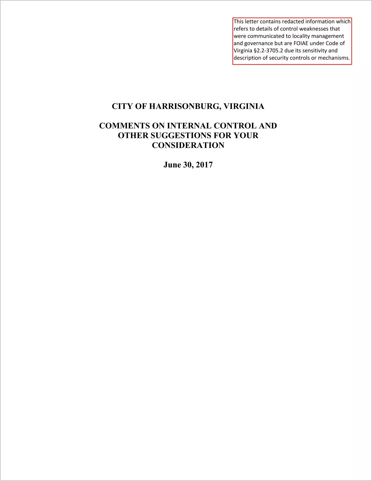 2017 Management Letter for City of Harrisonburg