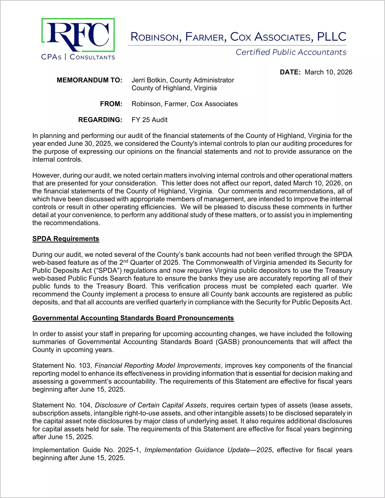 preview of 2025 Management Letter for County of Highland