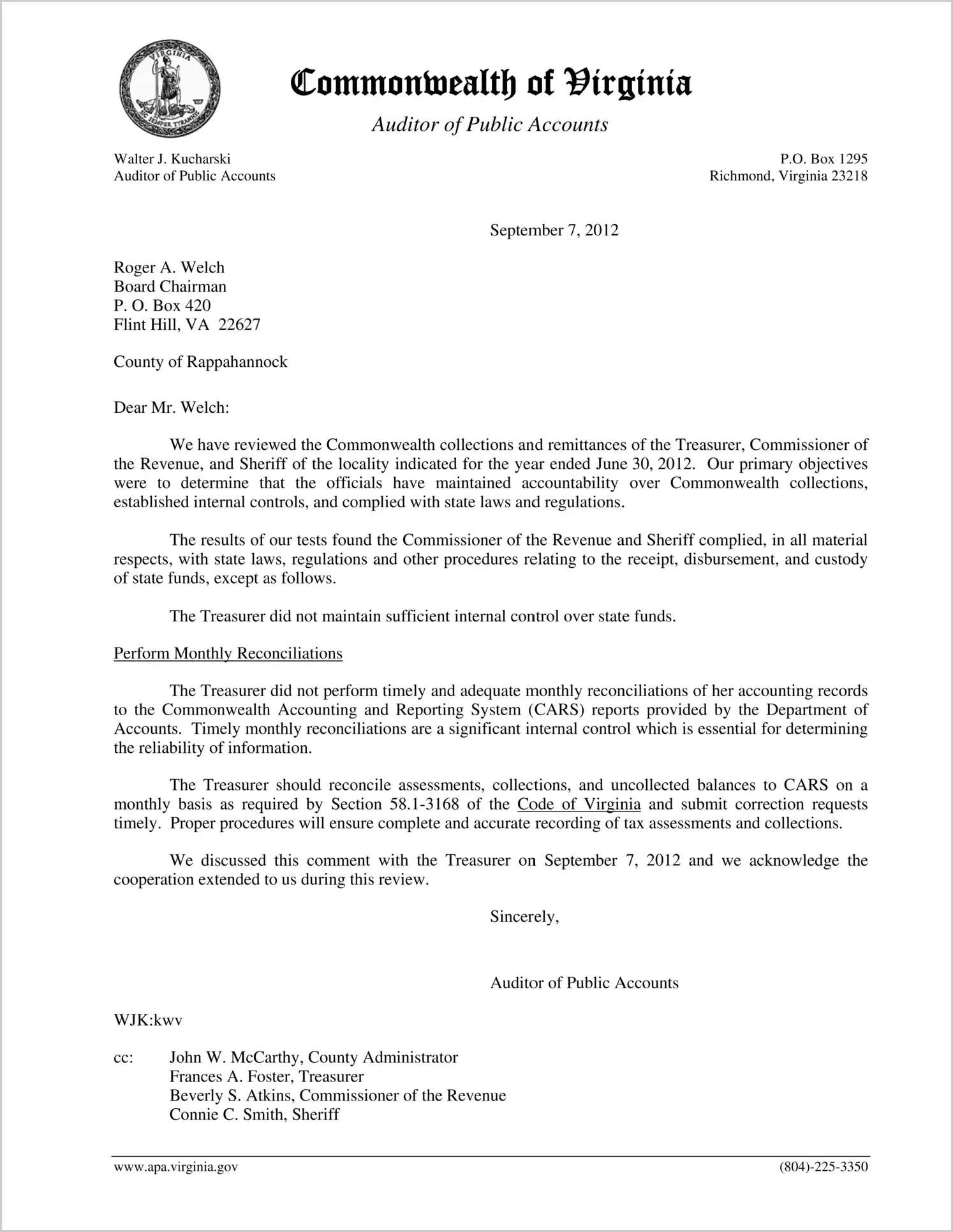 Commonwealth collections and remittances of the Treasurer, Commissioner of the Revenue, and Sheriff of the County of Rappahannock for the year ended June 30, 2012