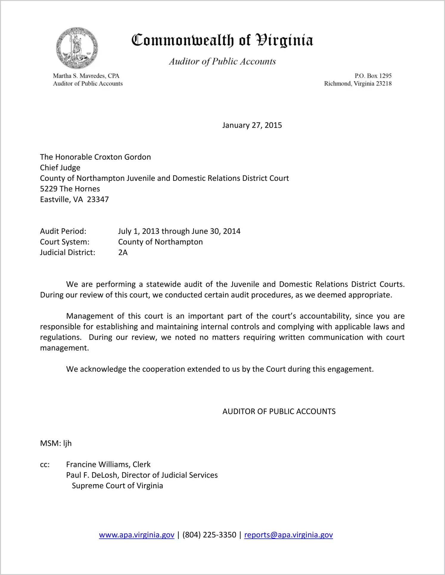 Clerk of the Juvenile and Domestic Relations Court for the County of Northampton Report on Audit for the period July 1, 2013 through June 30, 2014