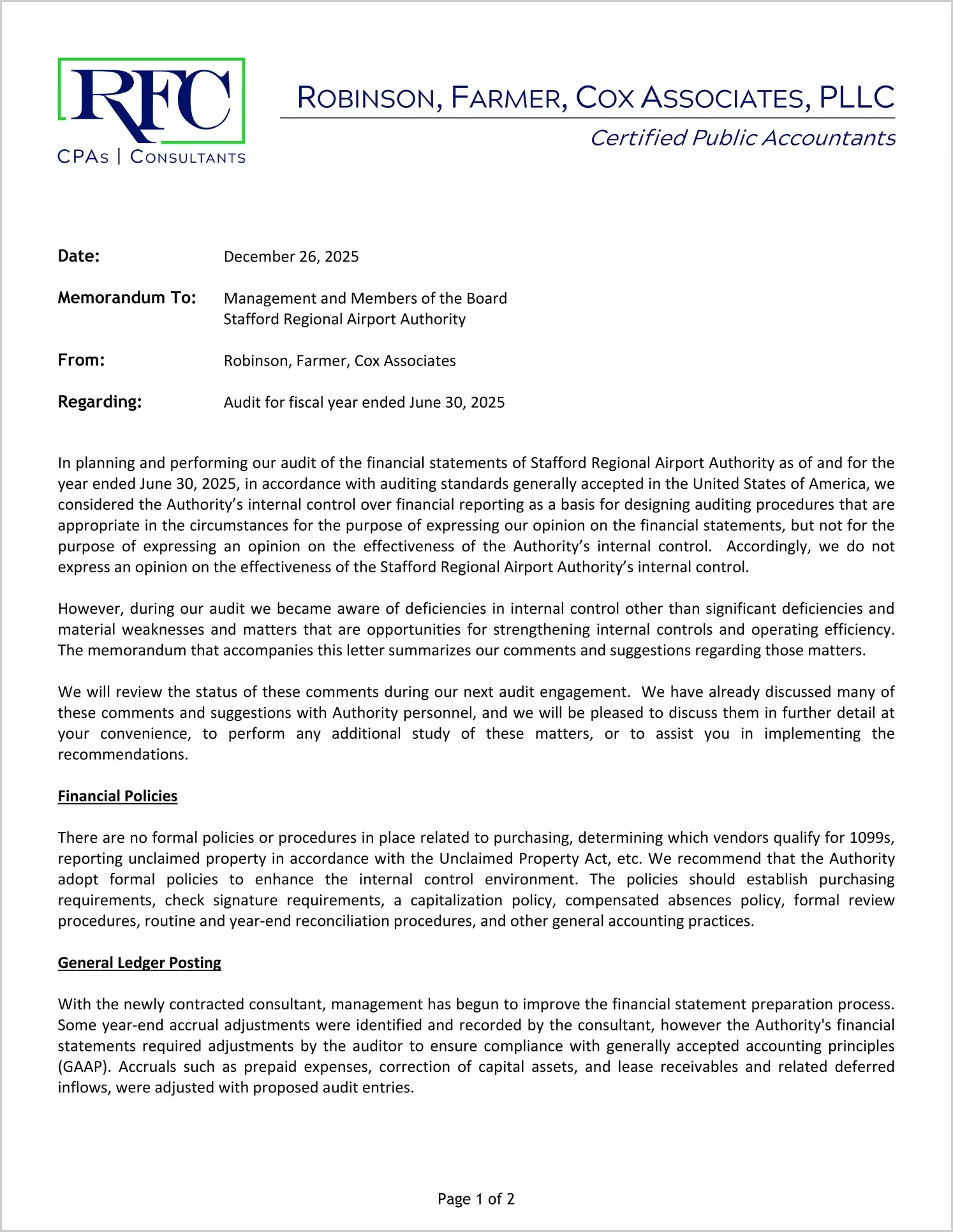 preview of 2025 ABC/Other Management Letter for Stafford Regional Airport Authority