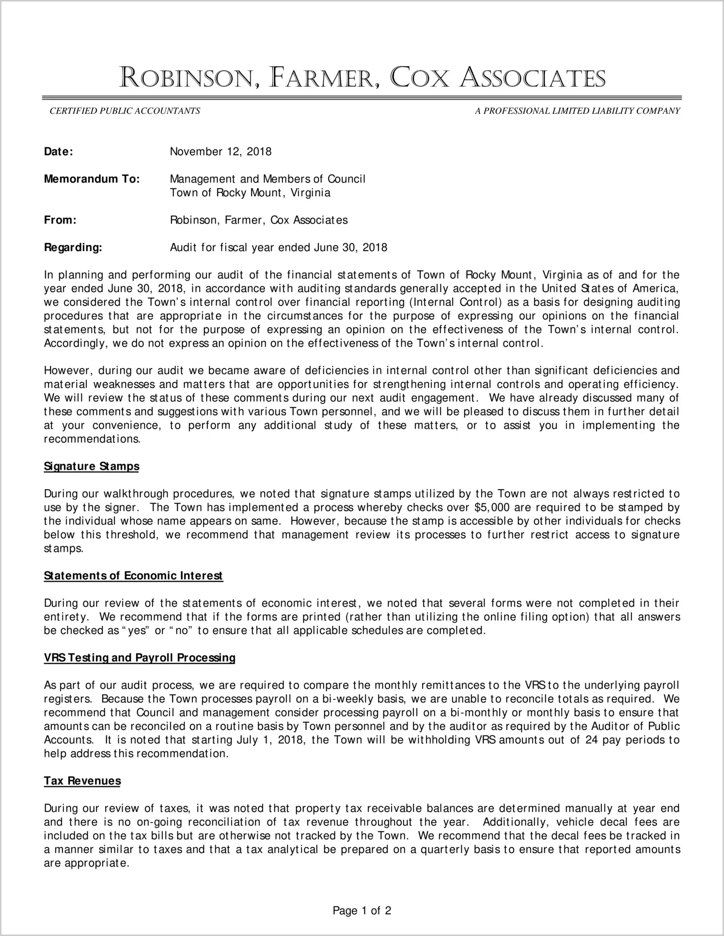 2018 Management Letter for Town of Rocky Mount 