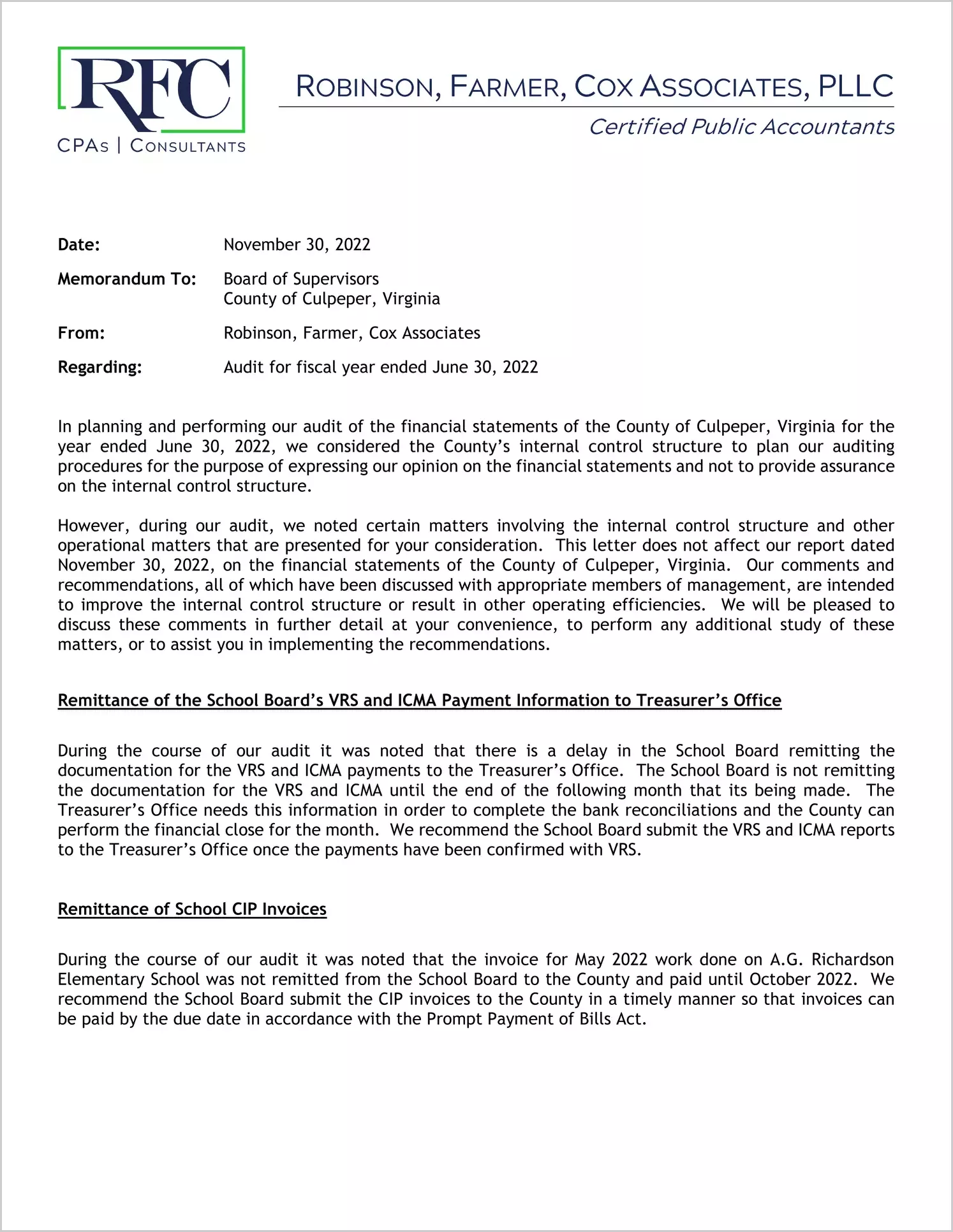 preview of 2022 Management Letter for County of Culpeper