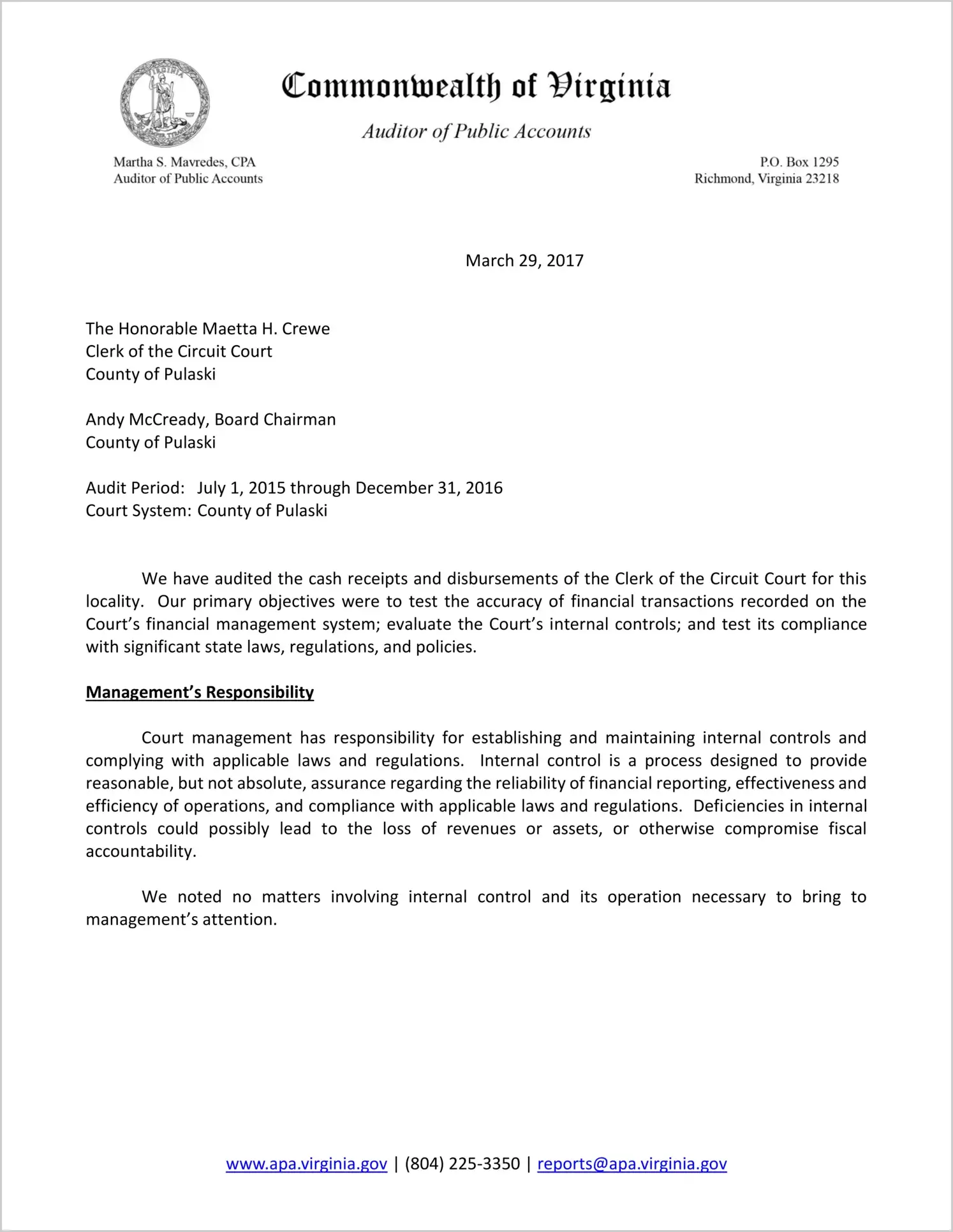 Clerk for the Circuit Court for the County of Pulaski Report on Audit for Period July 1, 2015 through December 31, 2016