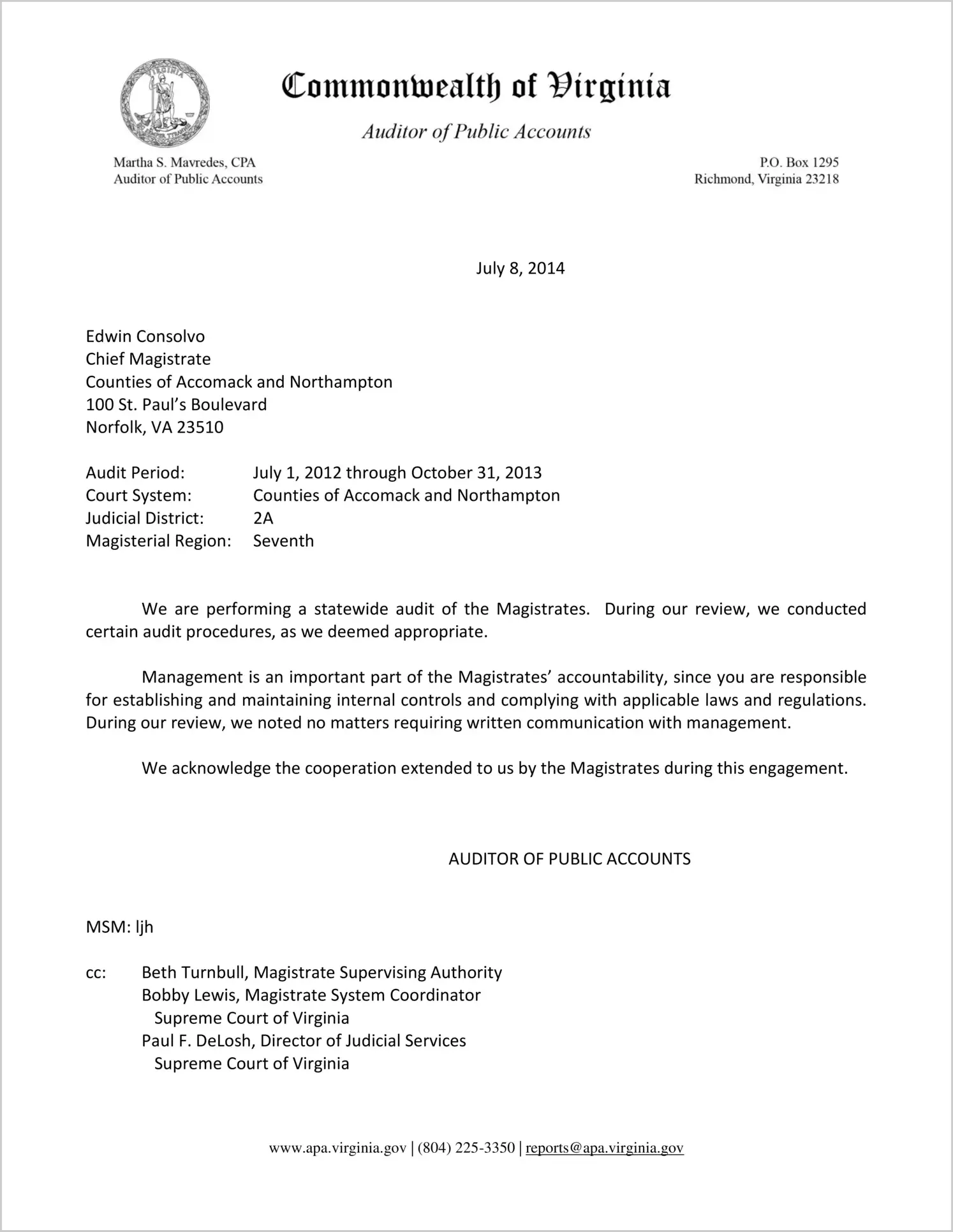 Magistrate for the County of Northampton Report on Audit for the period July 1, 2012 through October 31, 2013