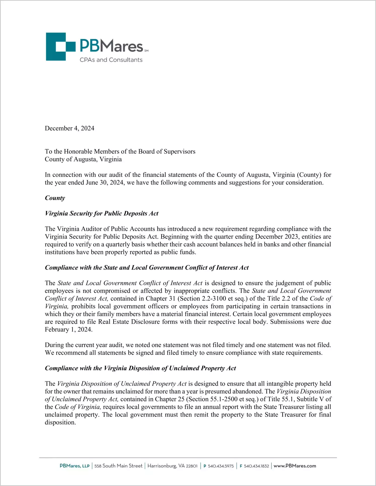 preview of 2024 Management Letter for County of Augusta