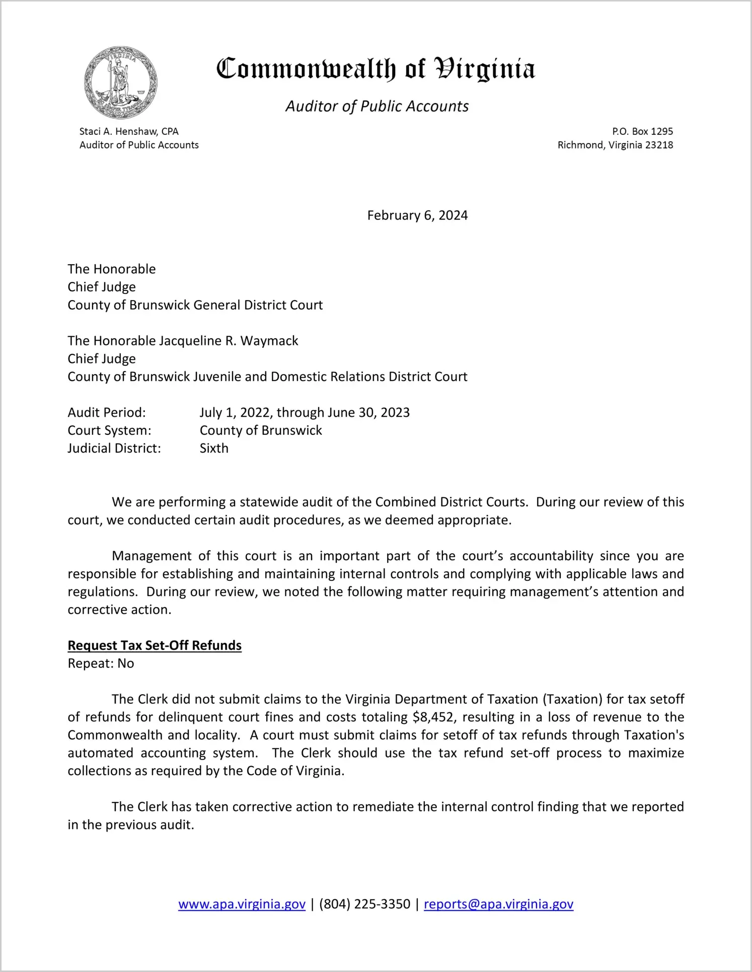 Combined District Court for the County of Brunswick for the period July 1, 2022 through June 30, 2023
