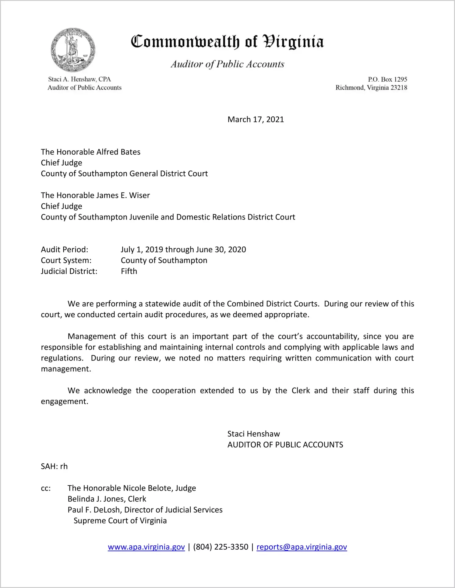 Combined District Court for the County of Southampton for the period July 1, 2019 through June 30, 2020