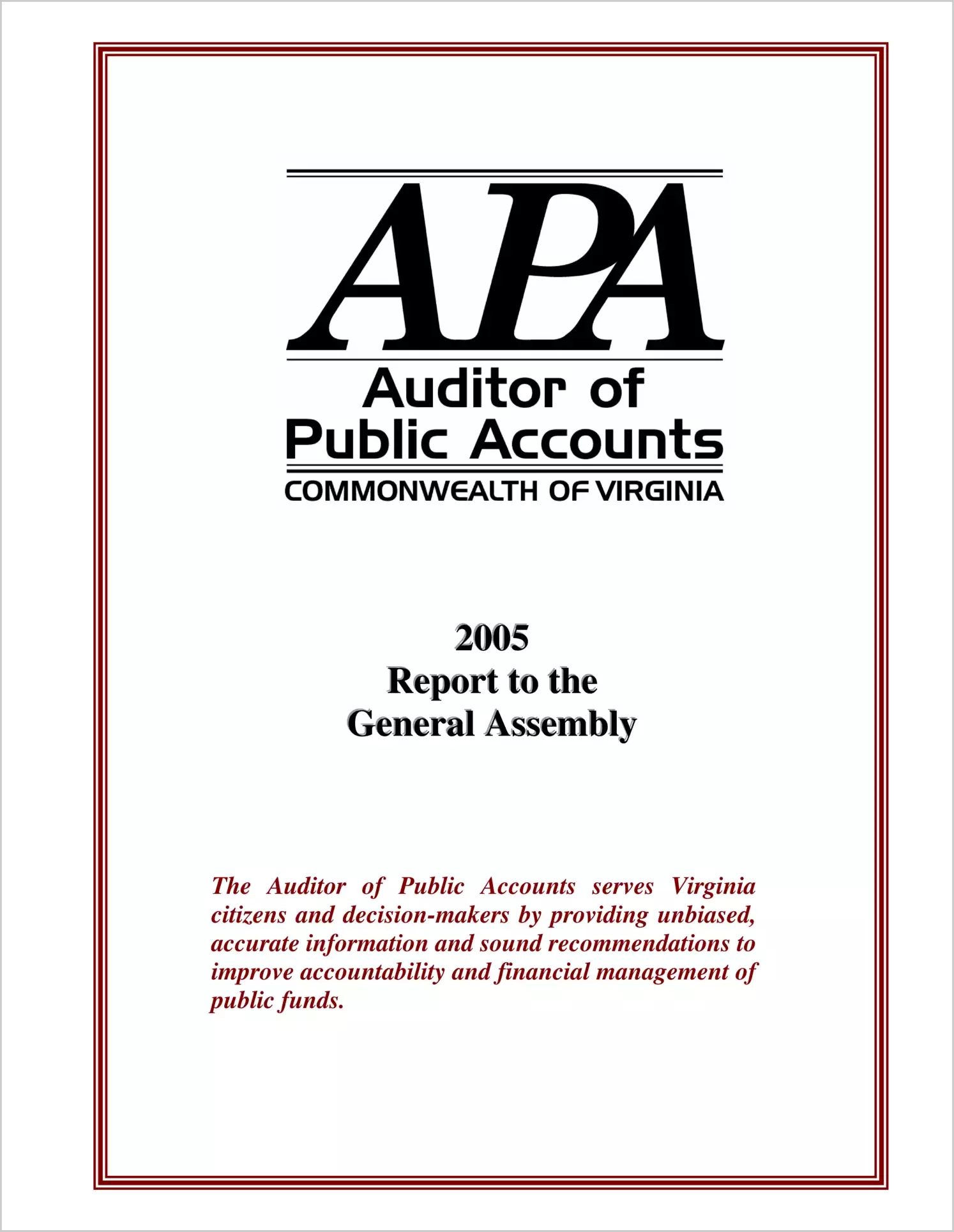 Auditor of Public Accounts 2005 Report to the General Assembly
