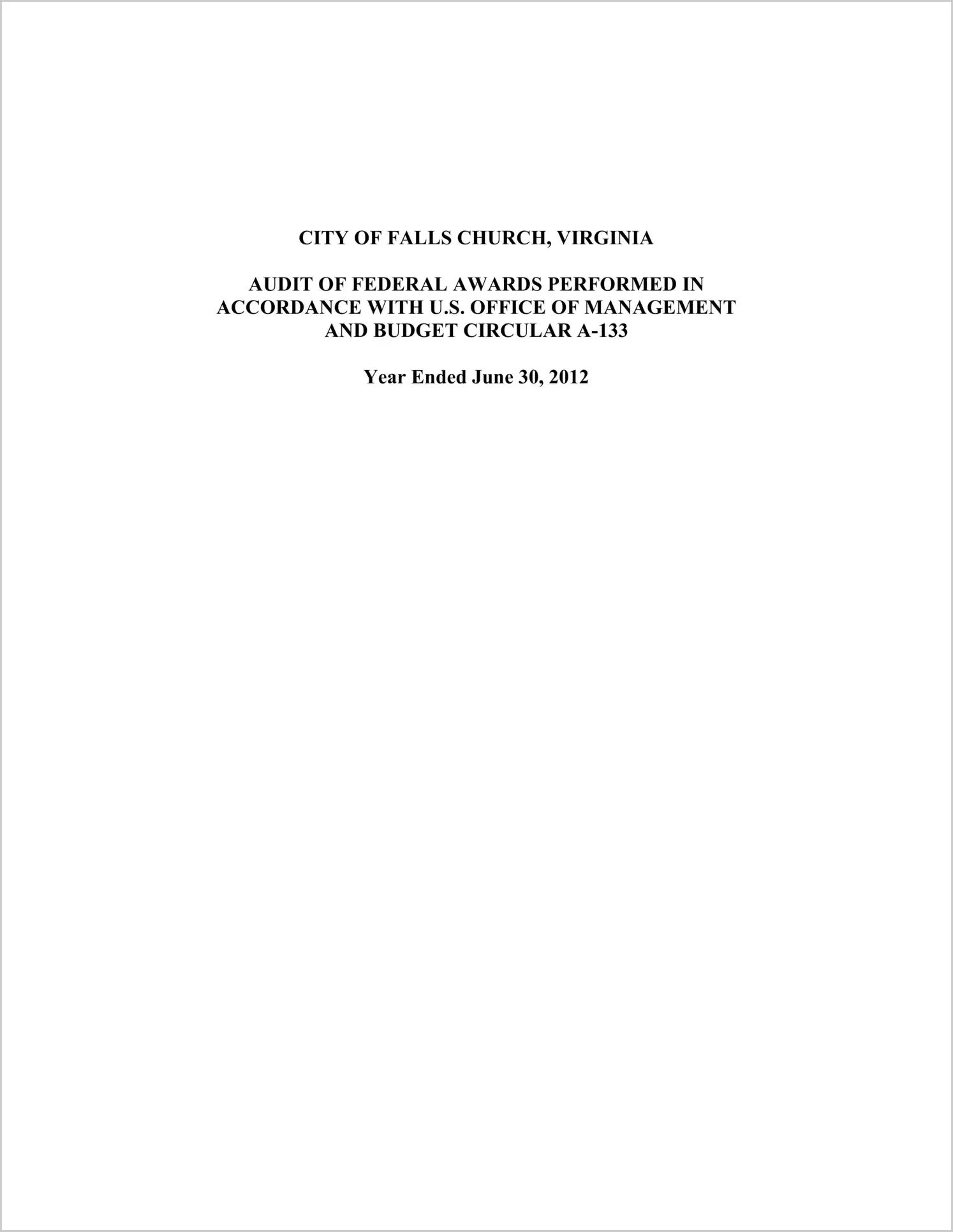 2012 Internal Control and Compliance Report for City of Falls Church