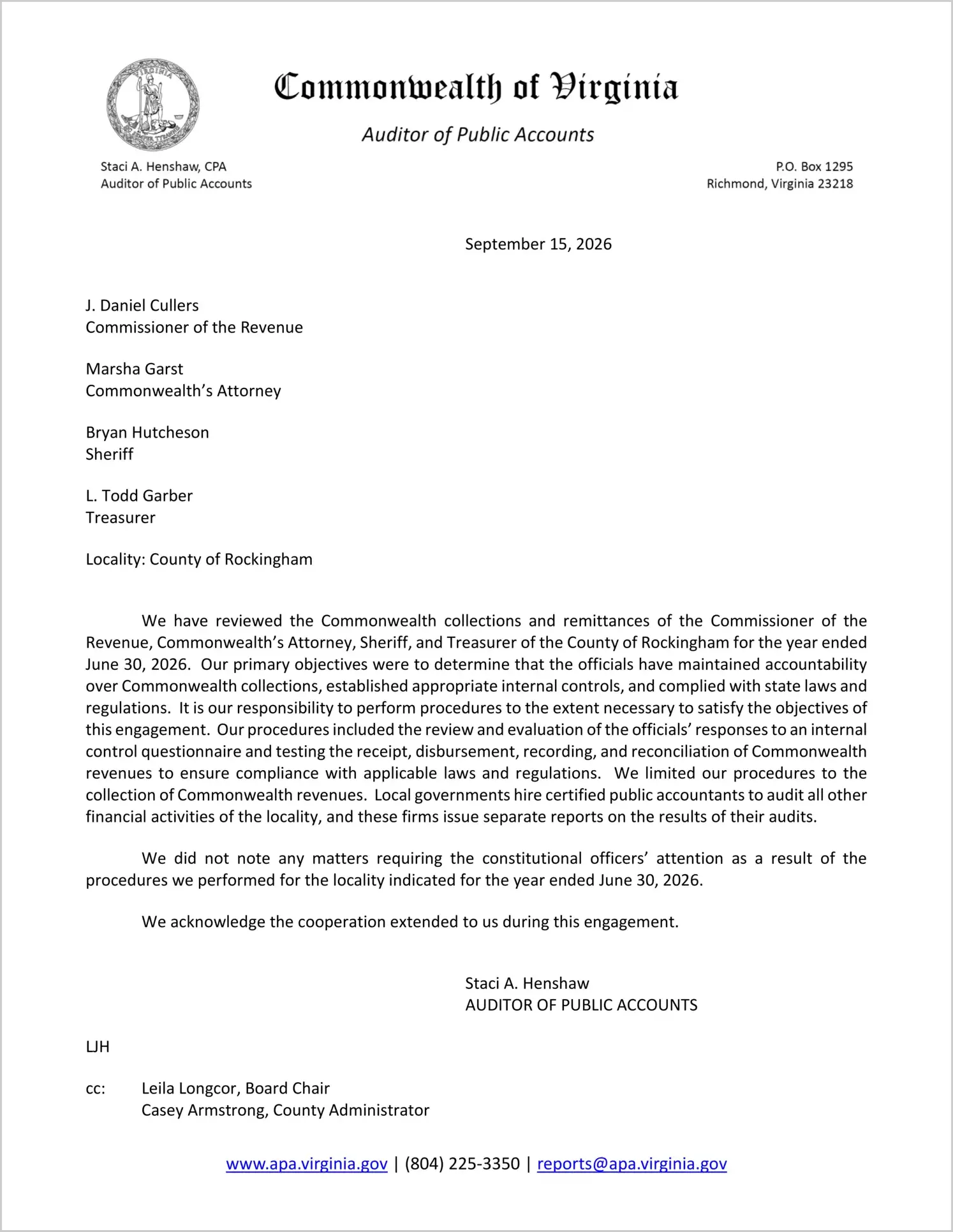 preview of Commonwealth Collections and Remittances of the Commissioner of the Revenue, Commonwealth's Attorney, Sheriff, and Treasurer for the County of Rockingham for the year ended June 30, 2026
