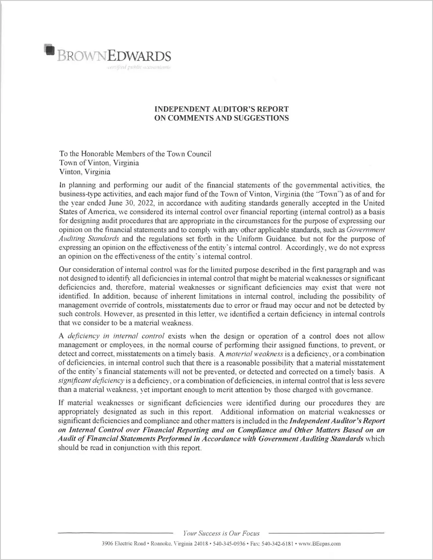 preview of 2022 Management Letter for Town of Vinton
