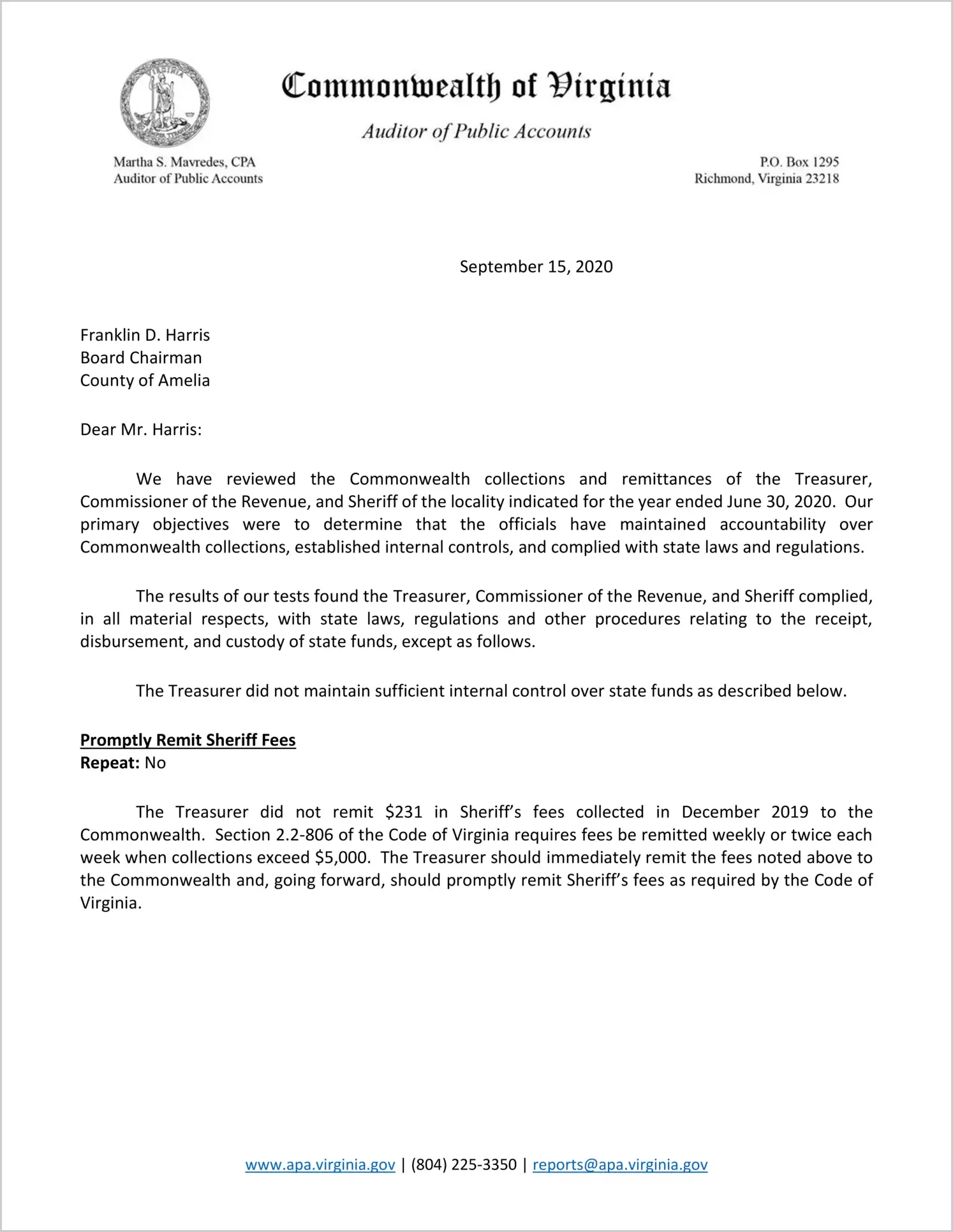 Commonwealth collections and remittances of the Treasurer, Commissioner of the Revenue, and Sheriff for the County of Amelia for the year ended June 30, 2020
