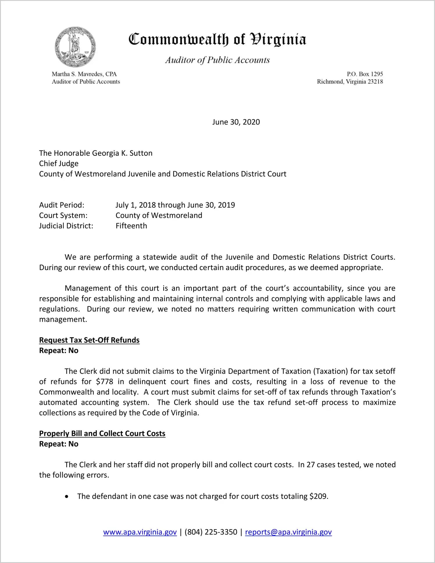 Juvenile and Domestic Relations Court for the County of Westmoreland for the period July 1, 2018 through June 30, 2019
