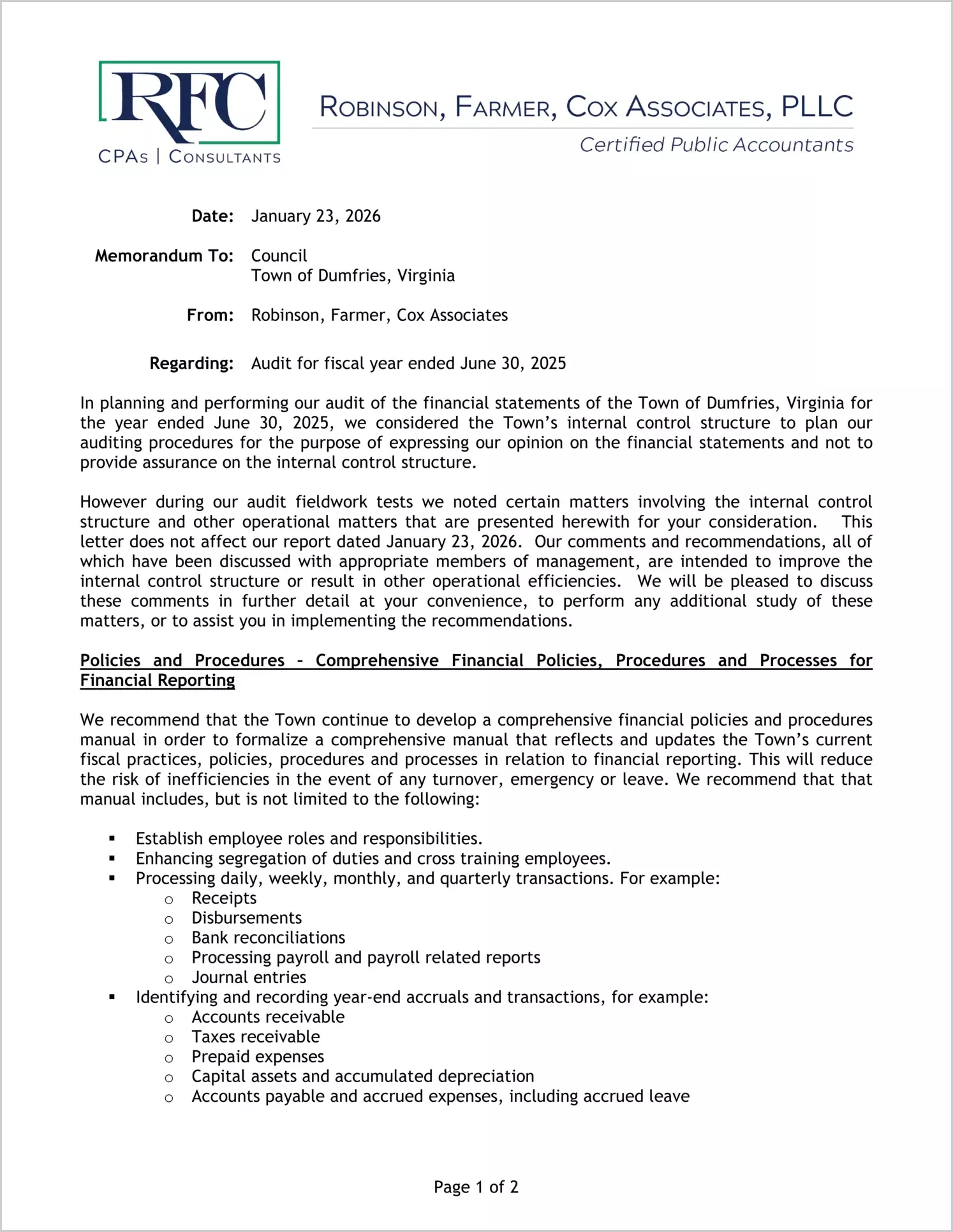 preview of 2025 Management Letter for Town of Dumfries