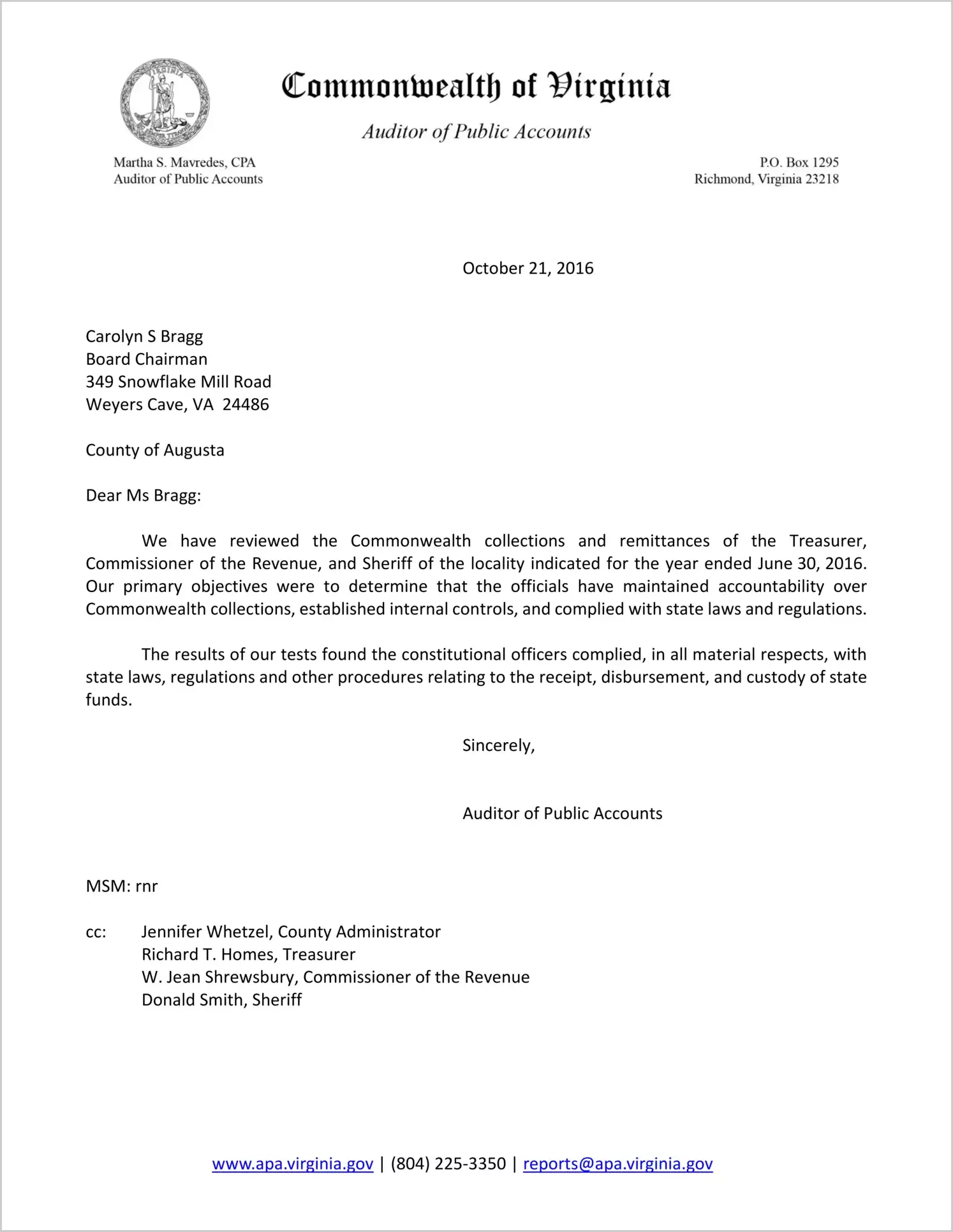Commonwealth collections and remittances of the Treasurer, Commissioner of the Revenue, and Sheriff of the County of Augusta for the year ended June 30, 2016