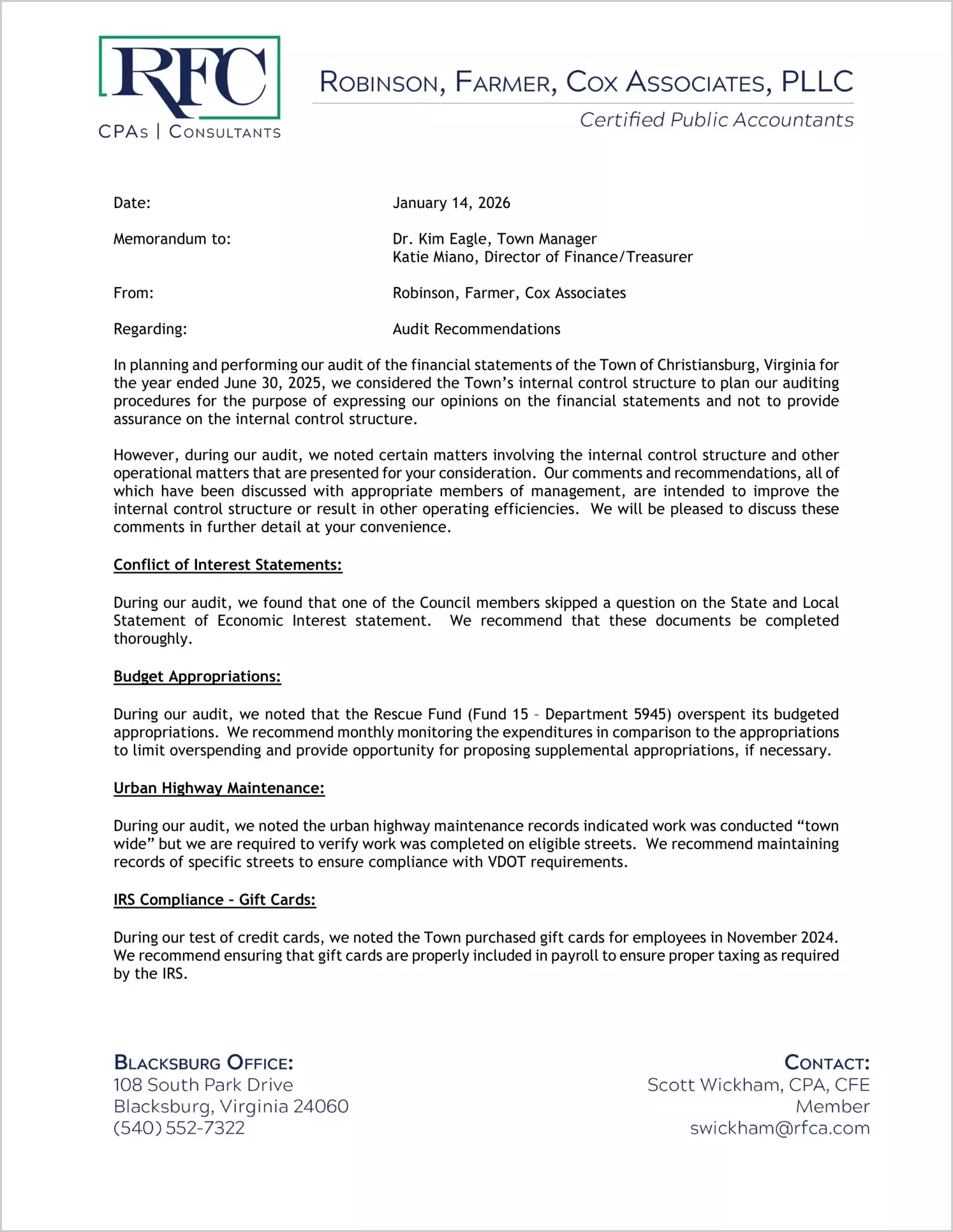 preview of 2025 Management Letter for Town of Christiansburg