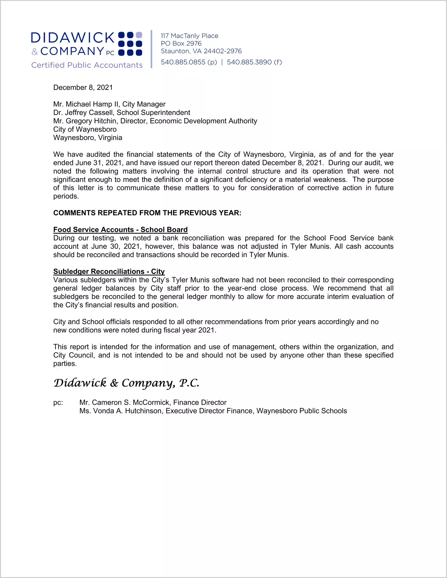 preview of 2021 Management Letter for City of Waynesboro