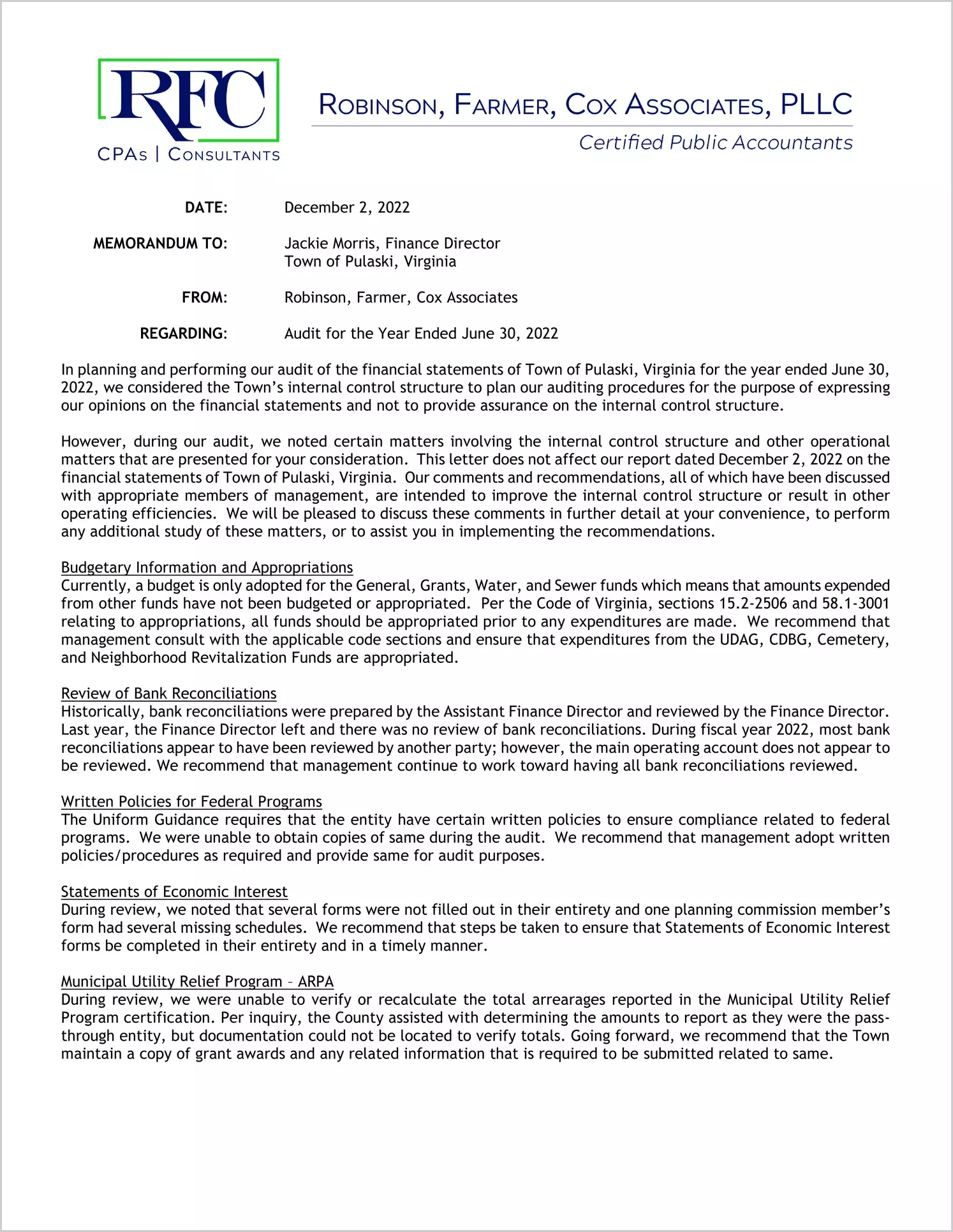 preview of 2022 Management Letter for Town of Pulaski