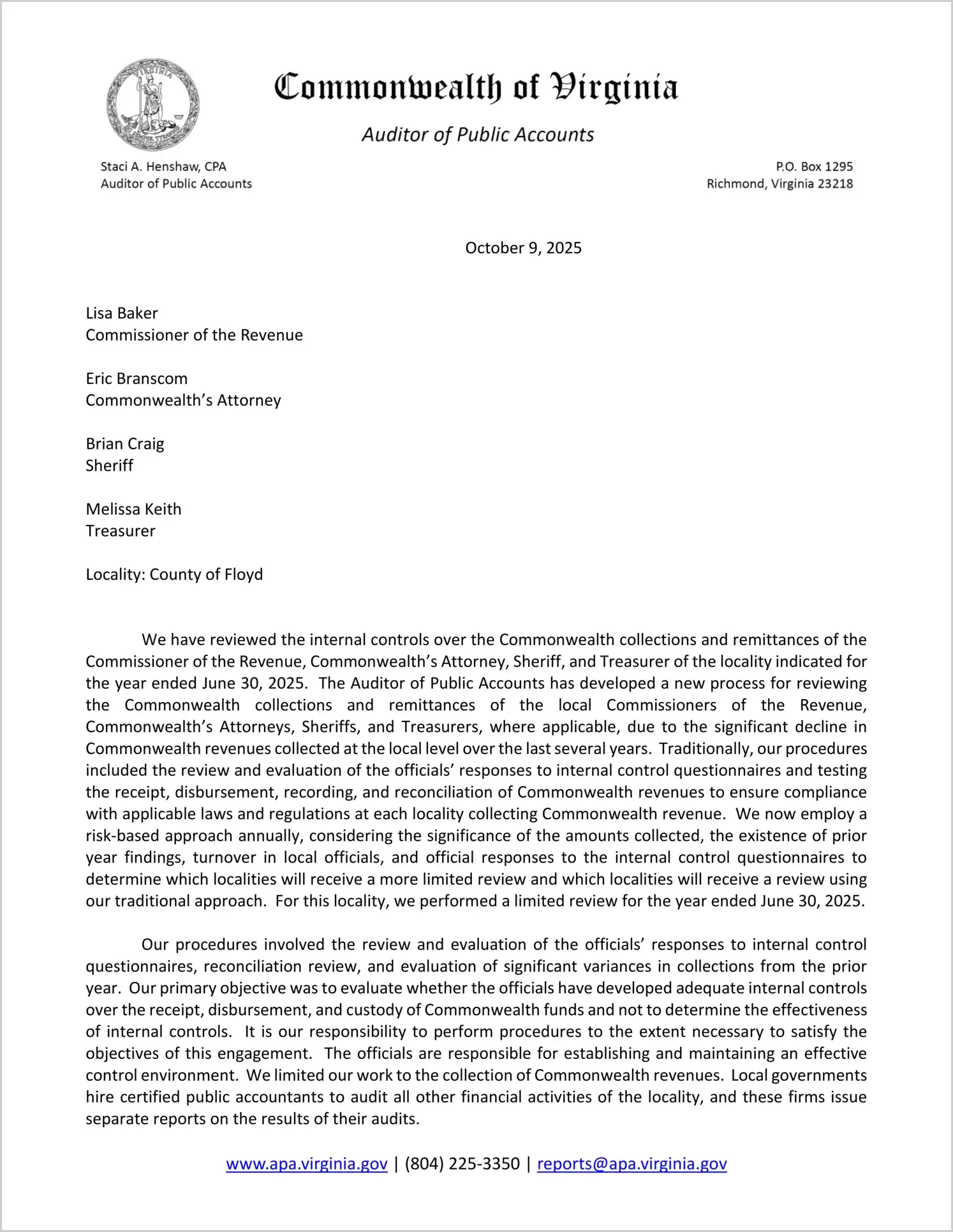Commonwealth Collections and Remittances of the Commissioner of the Revenue, Commonwealth's Attorney, Sheriff, and Treasurer for the County of Floyd for the year ended June 30, 2025