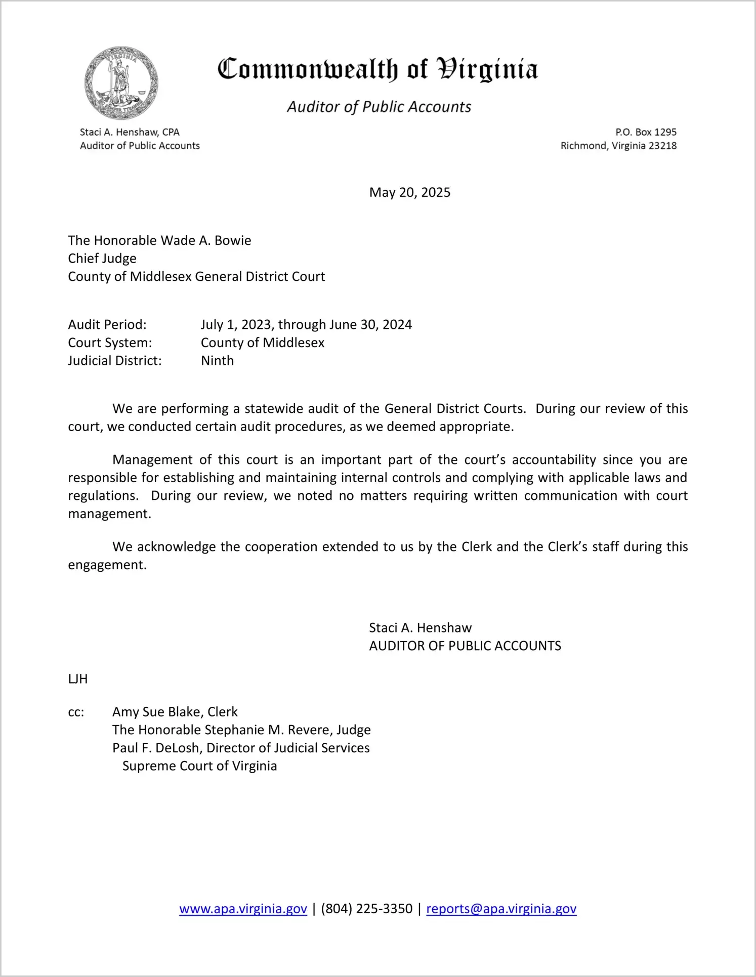 General District Court for the County of Middlesex for the period July 1, 2023 through June 30, 2024