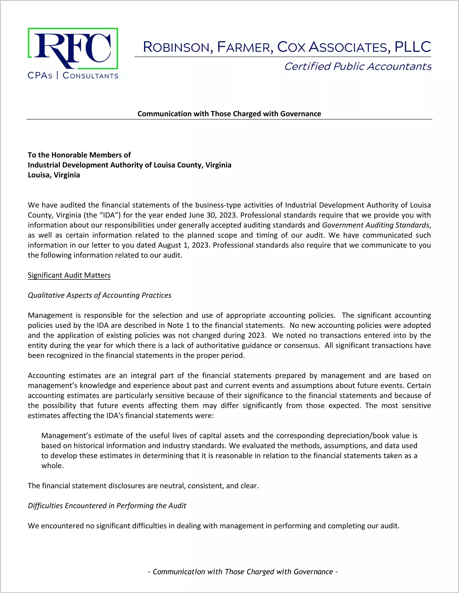 preview of 2023 ABC/Other Management Letter for Louisa Industrial Development Authority